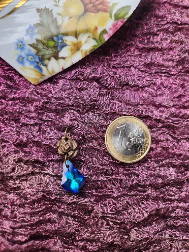 Rosarium Collection Collection - Handmade Bronze Small Rose Pendant with Blue Crystal