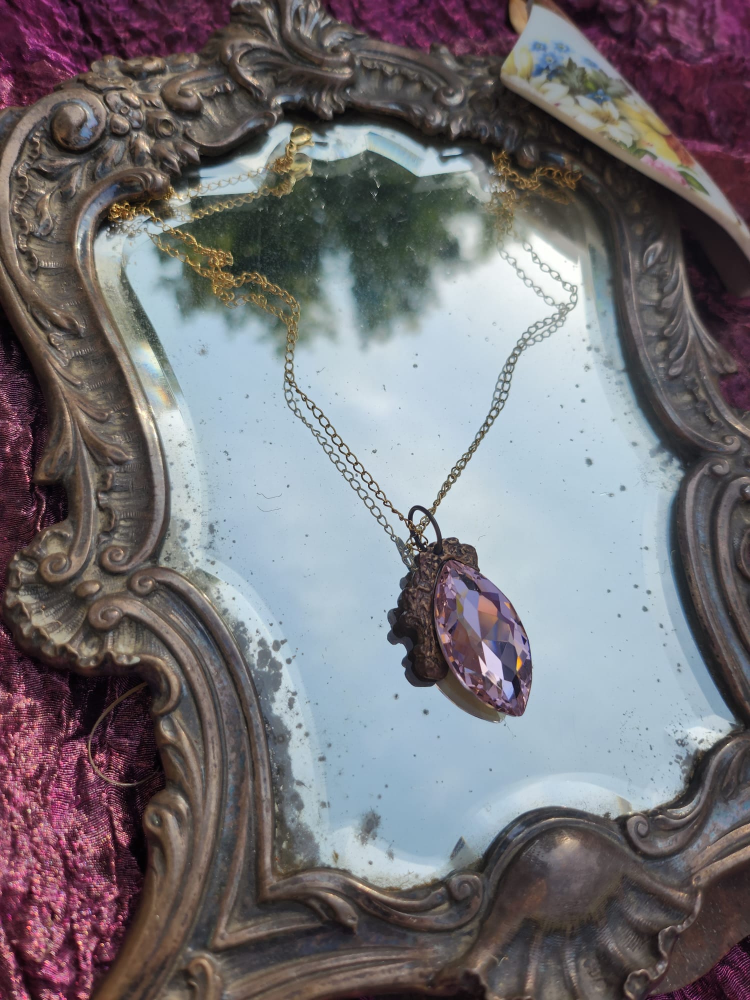 Mystic Baroque Collection – Handmade Bronze Pendant with Light Pink Crystal Marquise-Cut