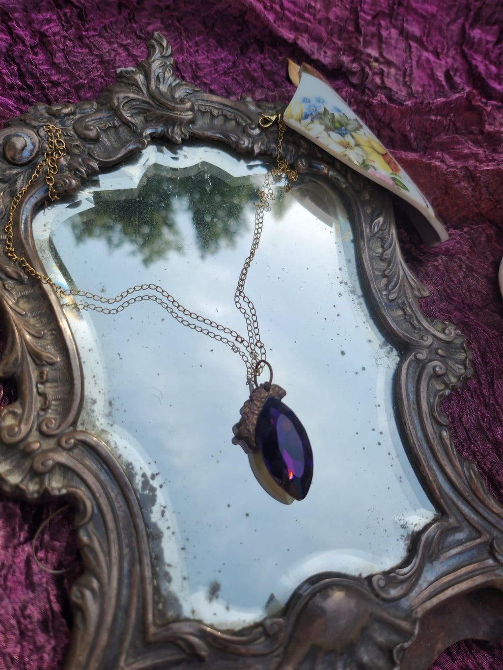 Mystic Baroque Collection – Handmade Bronze Pendant with Purple Crystal Marquise-Cut