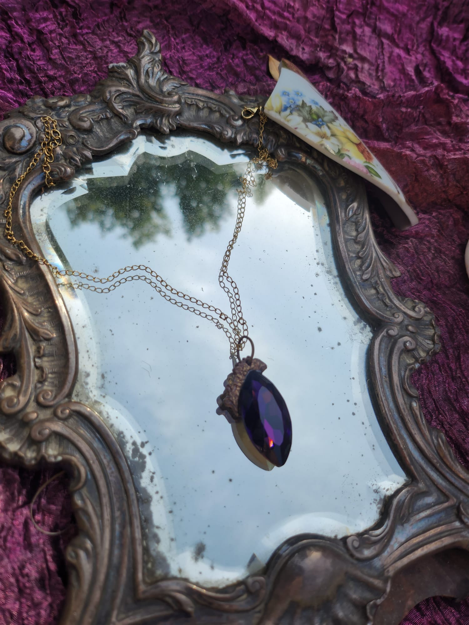 Mystic Baroque Collection – Handmade Bronze Pendant with Purple Crystal Marquise-Cut
