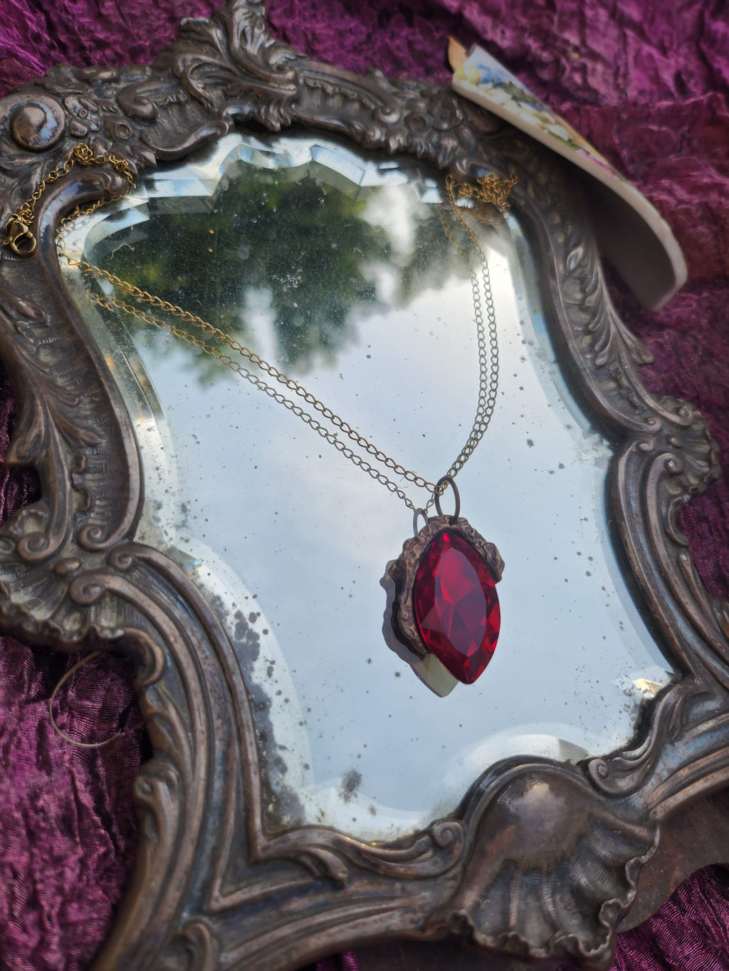 Mystic Baroque Collection – Handmade Bronze Pendant with Red Crystal Marquise-Cut
