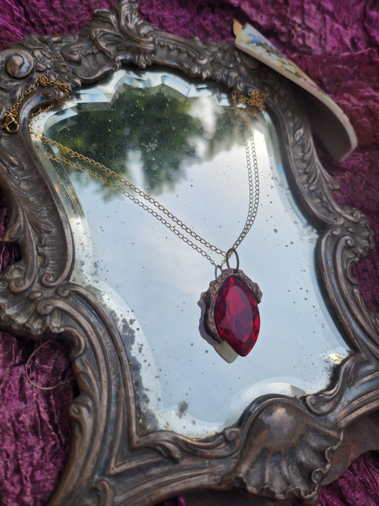 Mystic Baroque Collection – Handmade Bronze Pendant with Red Crystal Marquise-Cut