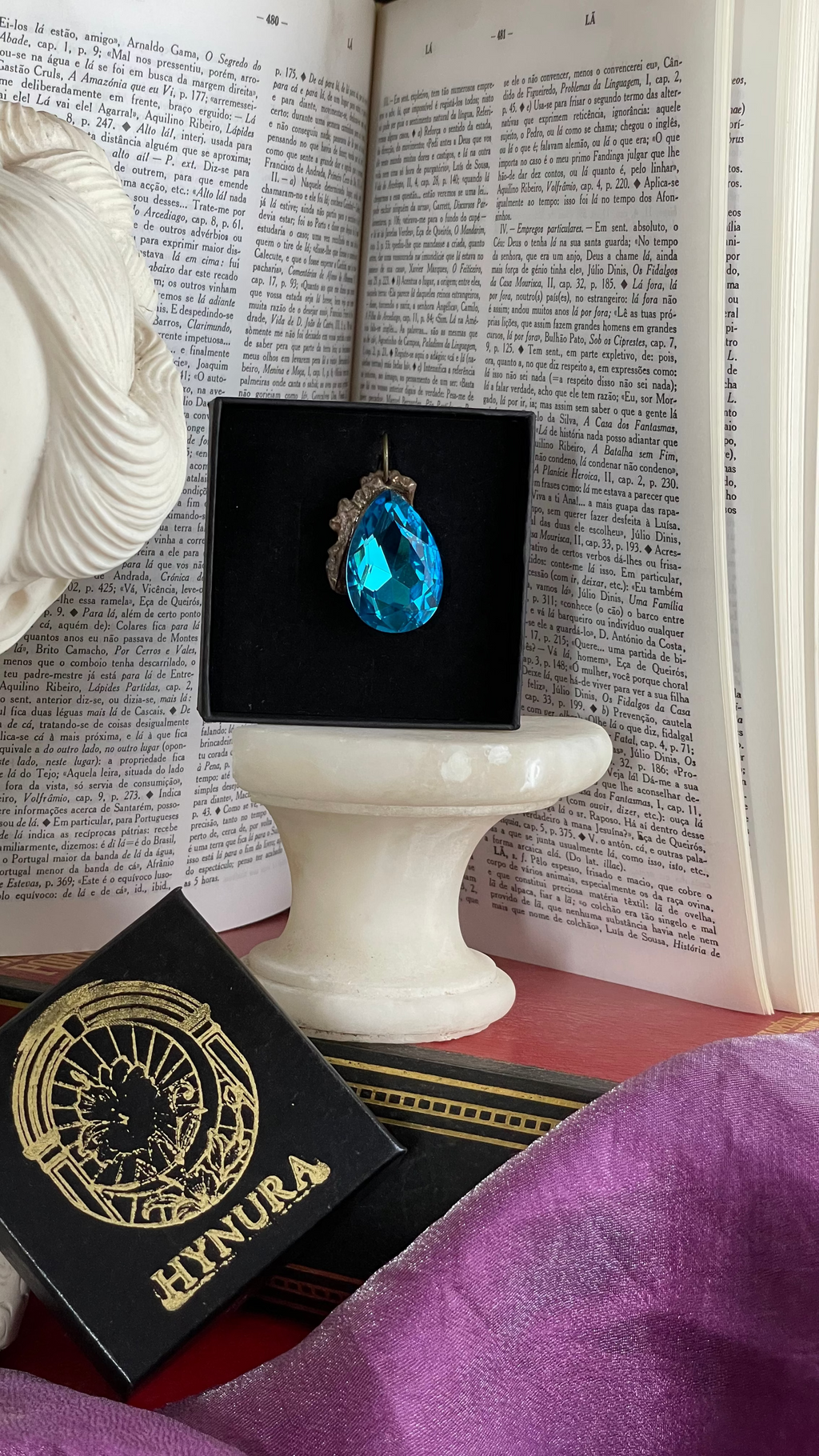 Mystic Baroque Collection – Handmade Bronze Pendant with Blue Teardrop Crystal