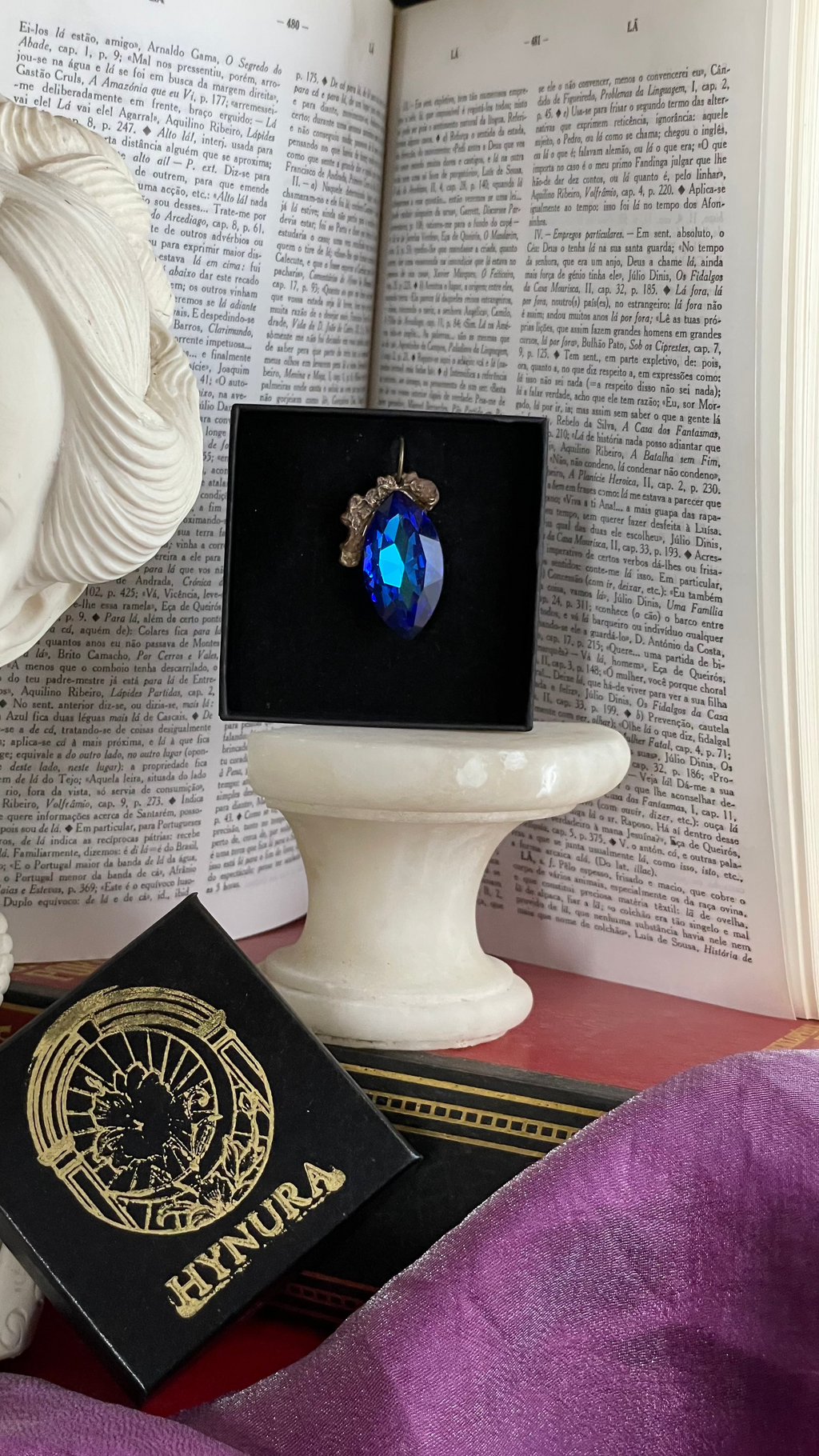 Mystic Baroque Collection – Handmade Bronze Pendant with Midnight Blue Crystal Marquise-Cut