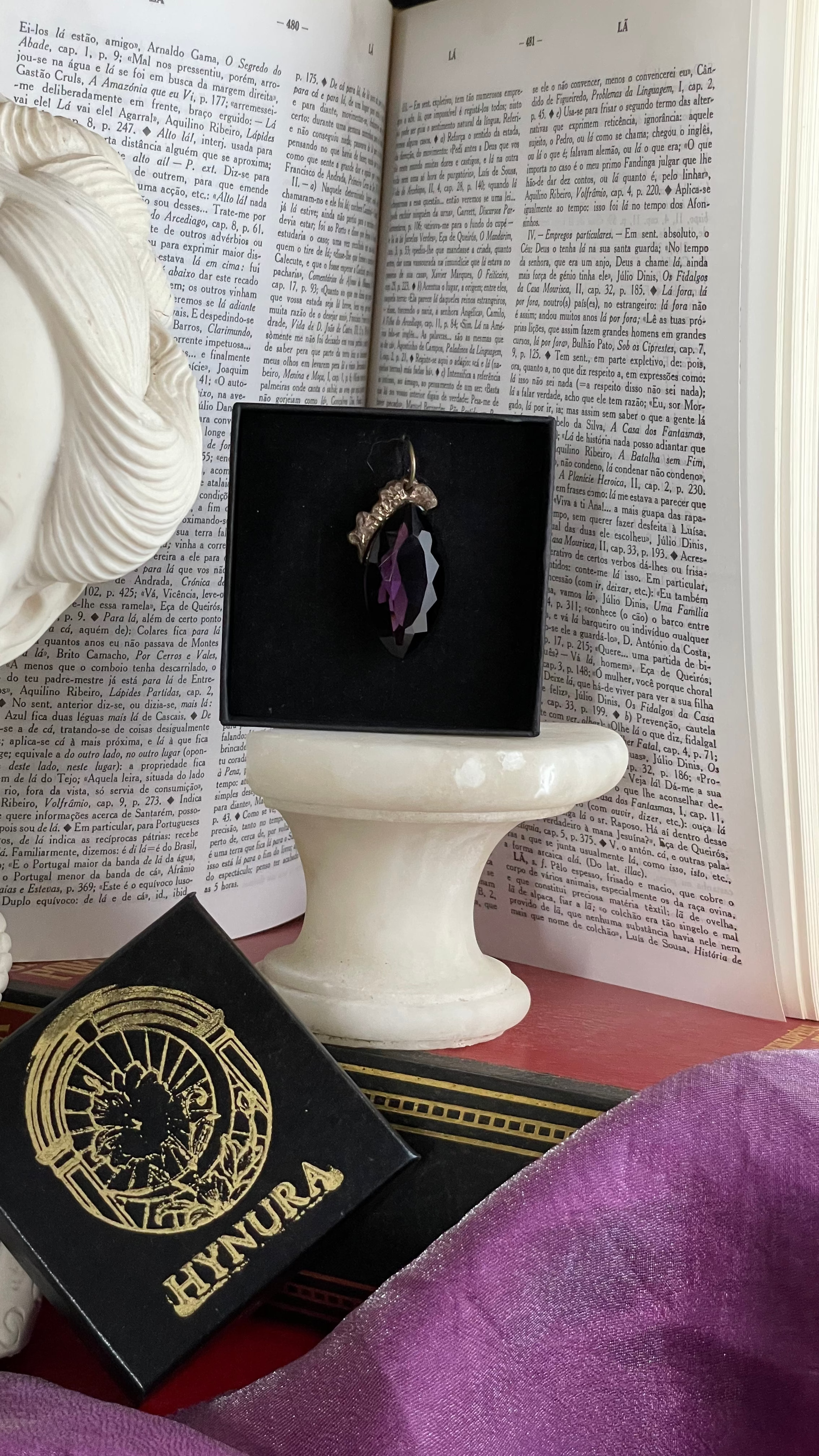 Mystic Baroque Collection – Handmade Bronze Pendant with Purple Crystal Marquise-Cut