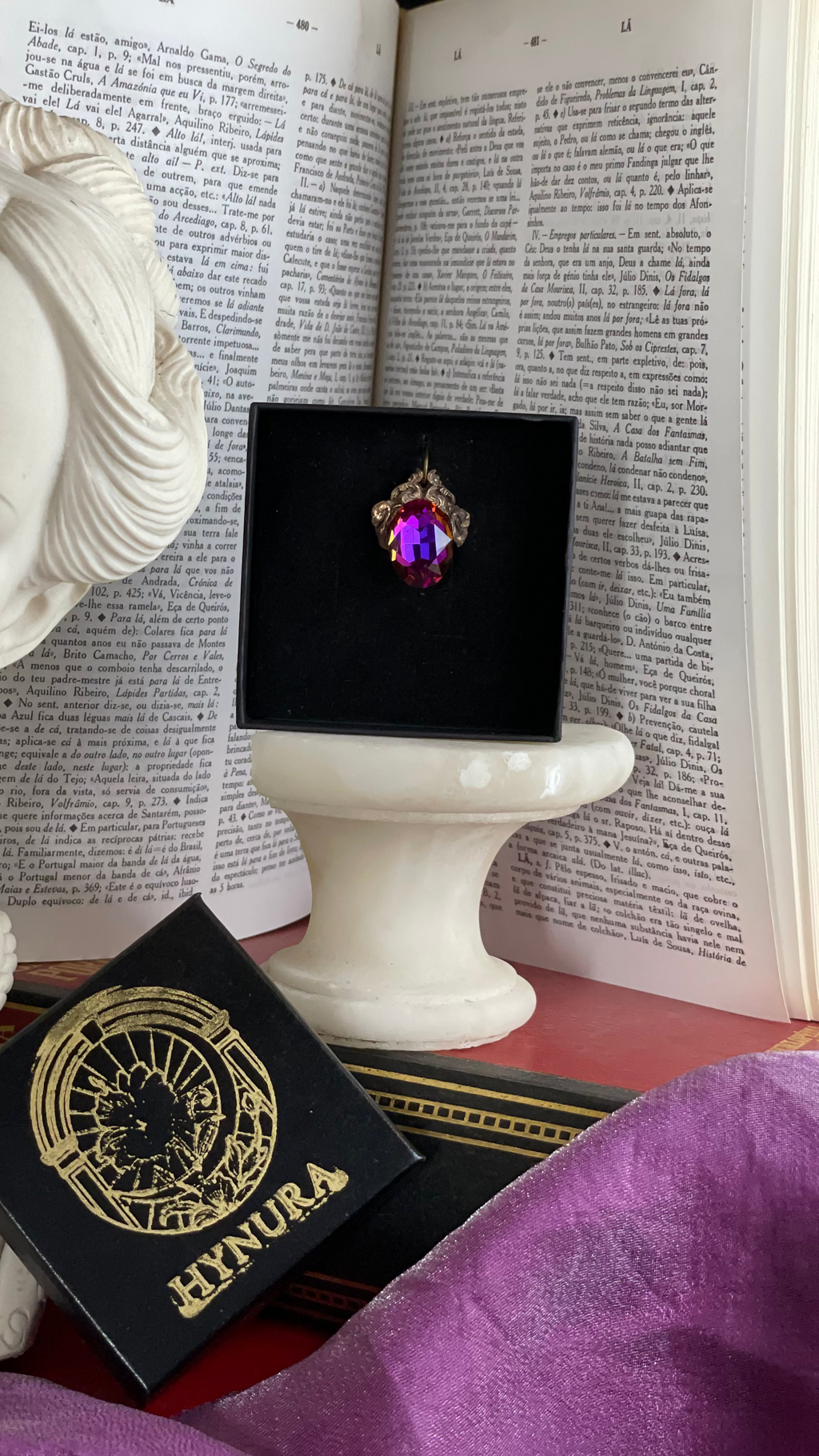 Arcane Resonance Collection – Handmade Bronze Pendant with Purple, Fuchsia and Amber Oval Crystal