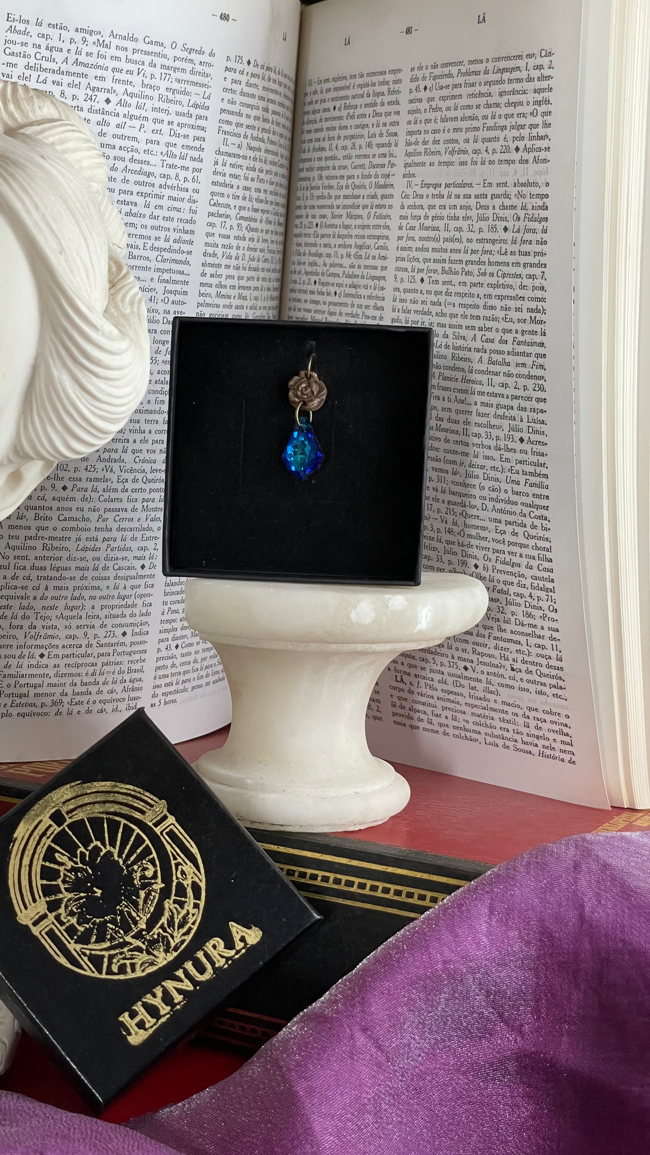Rosarium Collection Collection - Handmade Bronze Small Rose Pendant with Blue Crystal