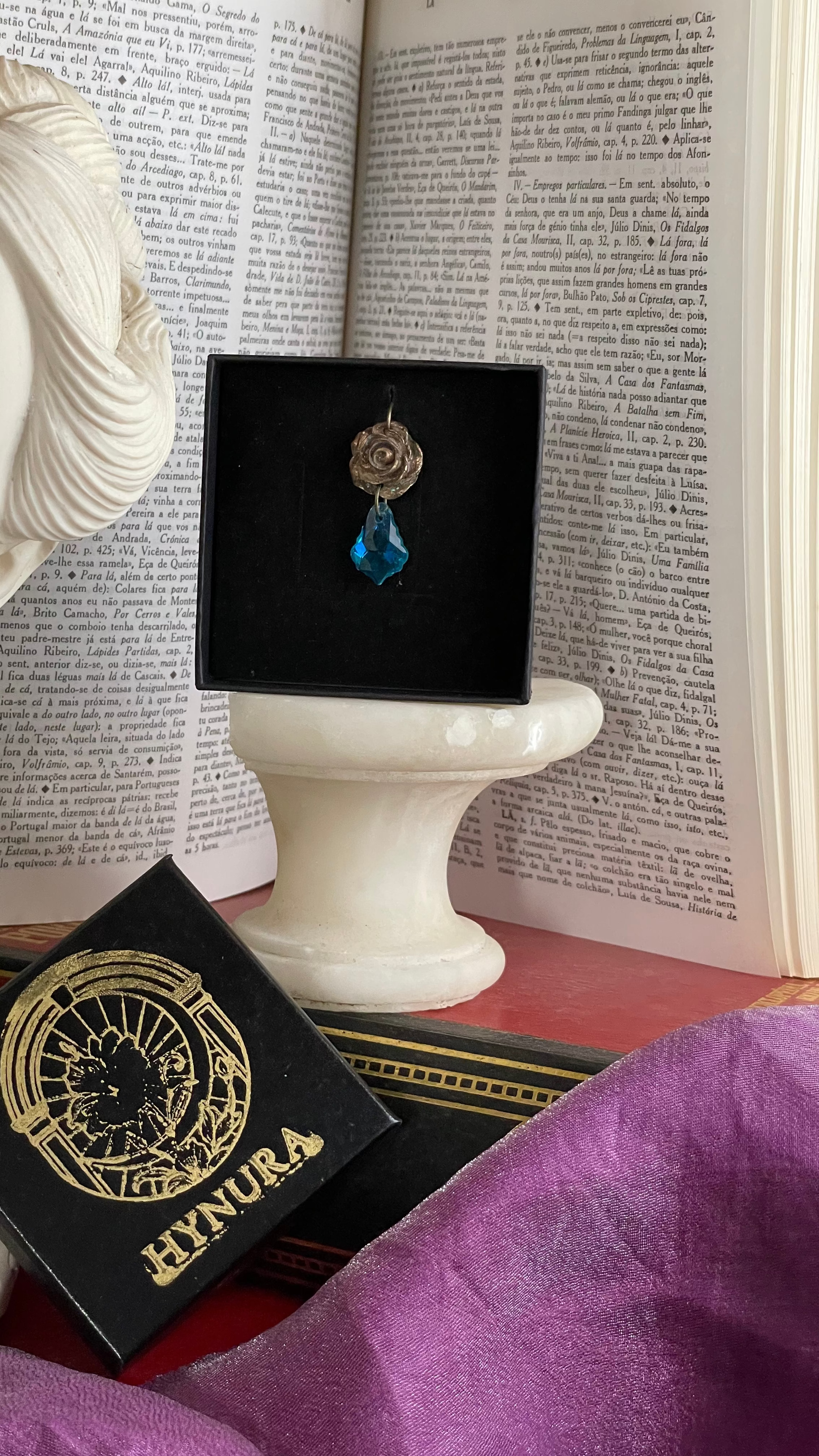 Rosarium Collection Collection - Handmade Bronze Rose Pendant with Light Blue Crystal