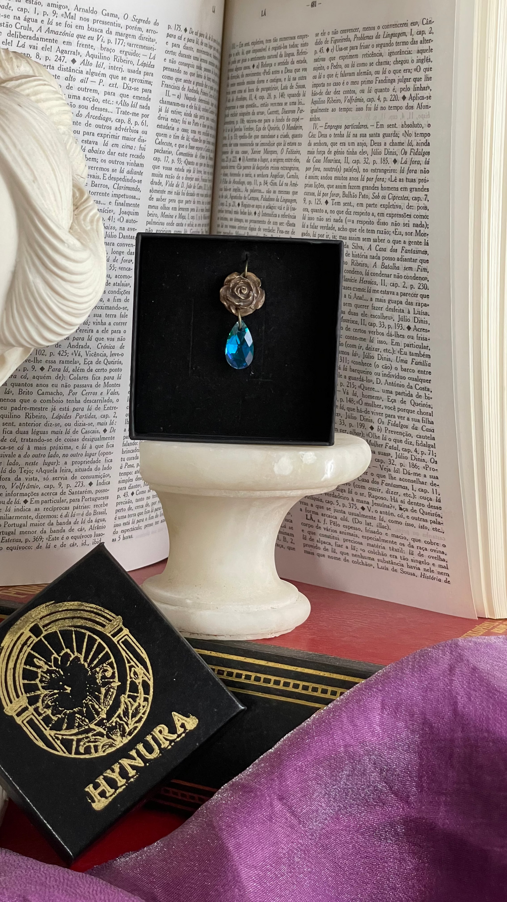 Rosarium Collection Collection - Handmade Bronze Rose Pendant Emerald Blue Crystal