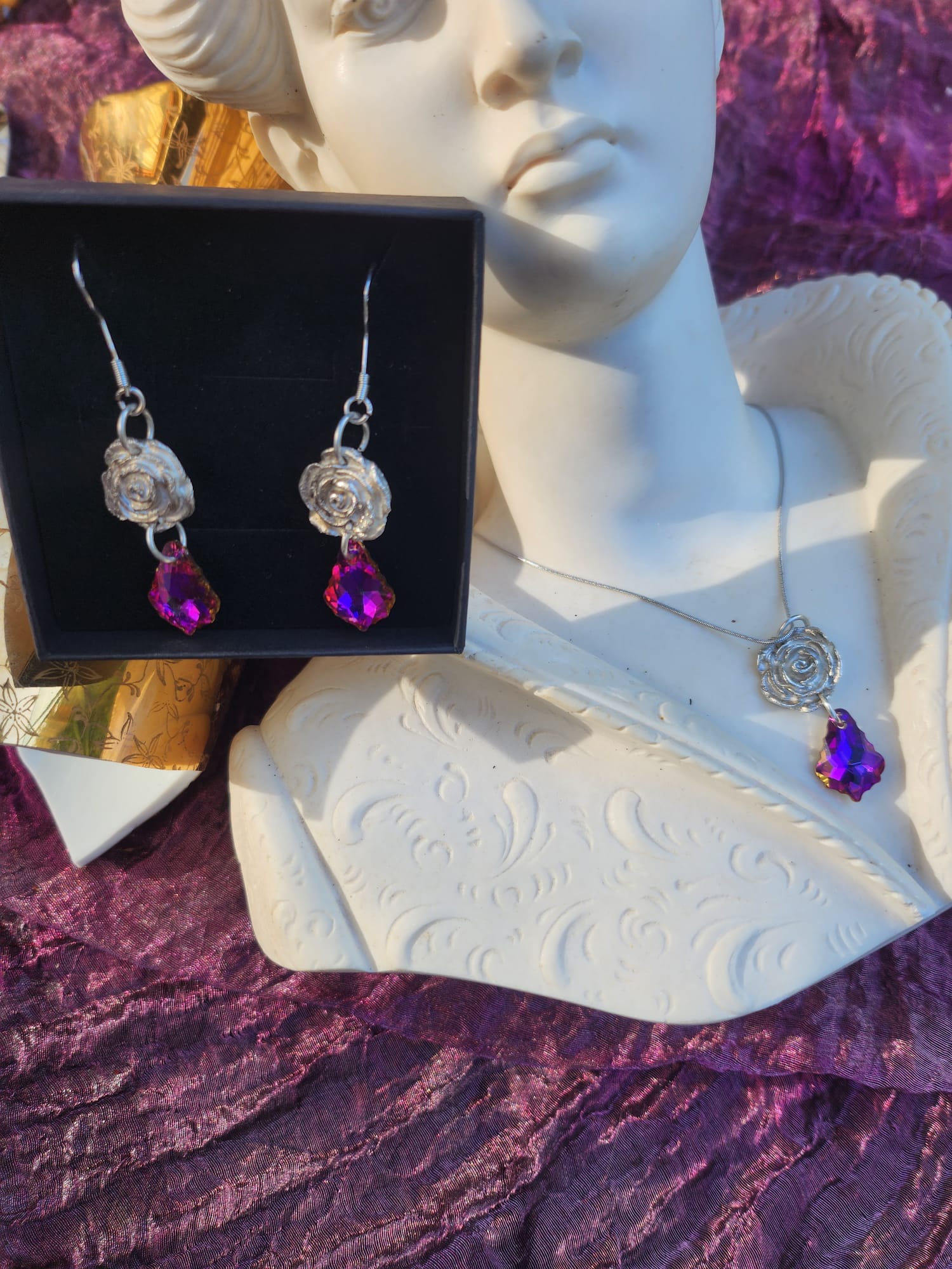 Rosarium Collection Collection - Handmade 999 Silver Rose Set with Fuchsia Crystal