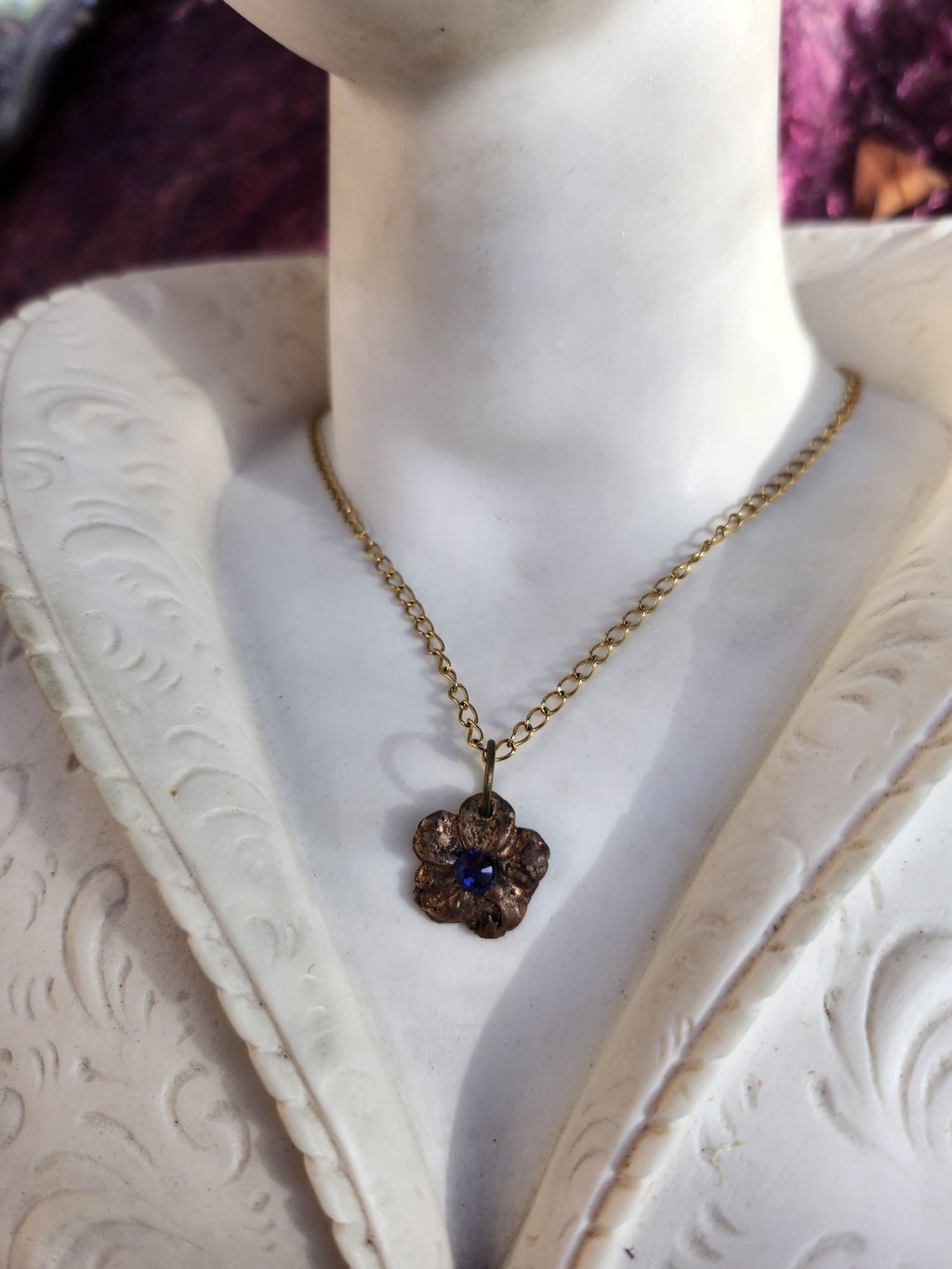 Eternal Bloom Collection – Handmade Bronze Flower Pendant with Tanzanite Crystal
