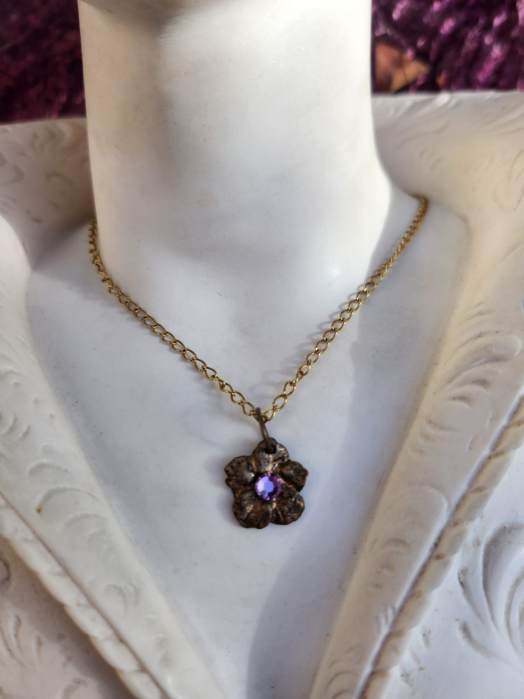 Eternal Bloom Collection – Handmade Bronze Flower Pendant with Light Pink Crystal