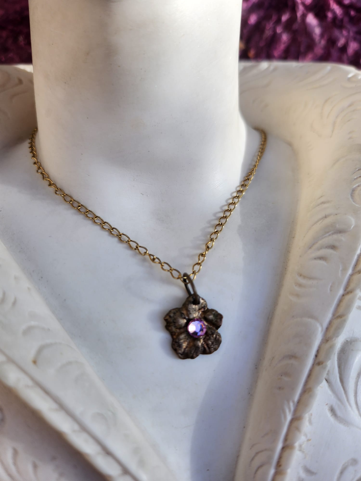 Eternal Bloom Collection – Handmade Bronze Flower Pendant with Light Pink Crystal