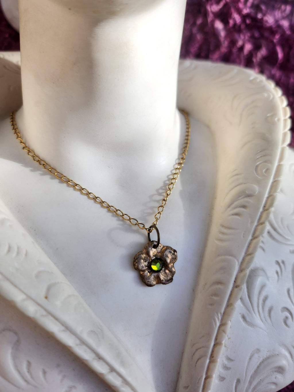 Eternal Bloom Collection – Handmade Bronze Flower Pendant with Green Crystal