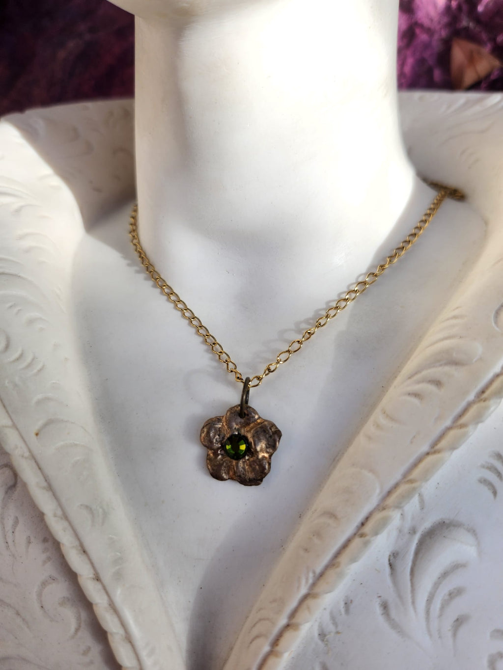 Eternal Bloom Collection – Handmade Bronze Flower Pendant with Green Crystal
