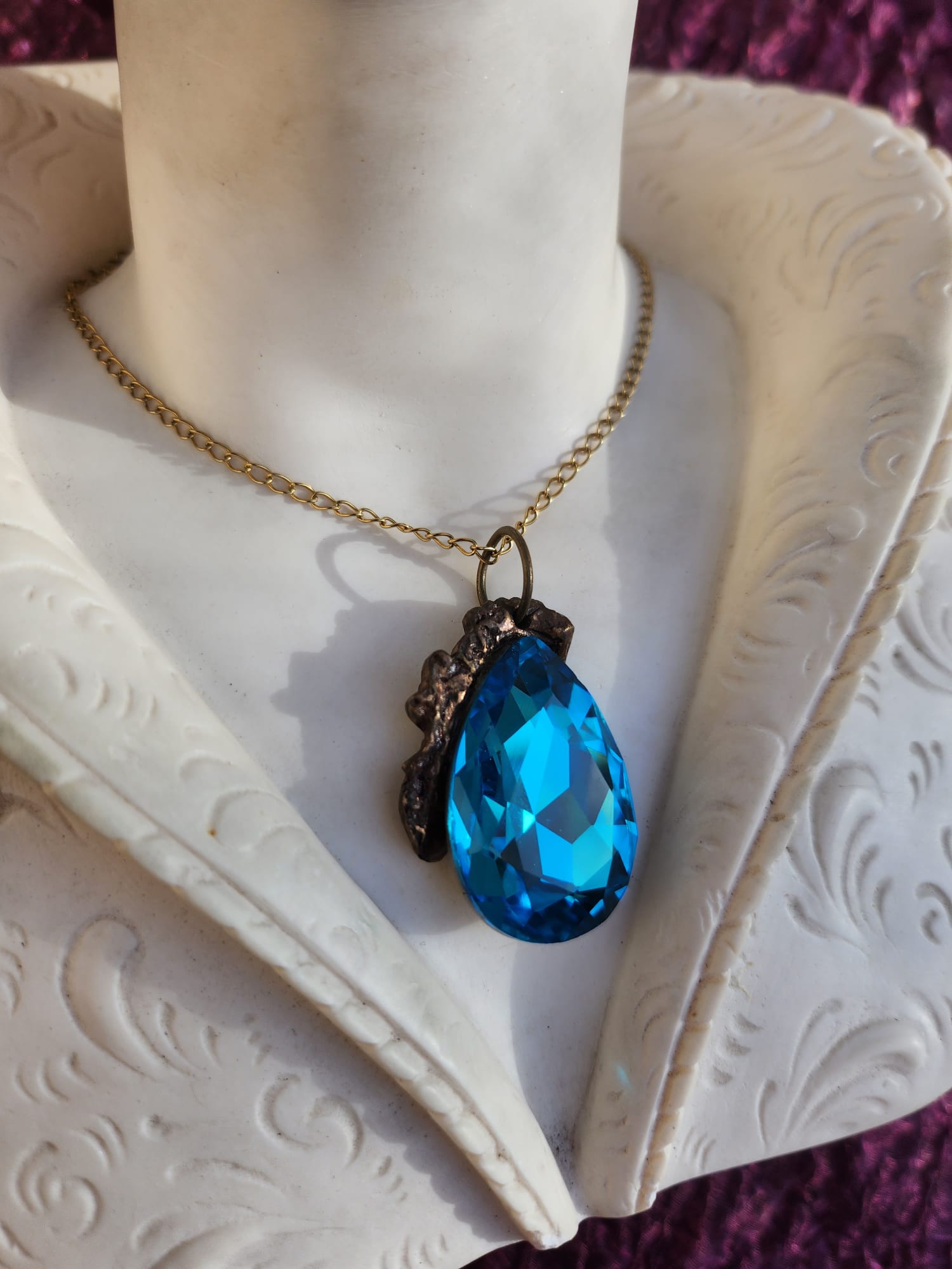 Mystic Baroque Collection – Handmade Bronze Pendant with Blue Teardrop Crystal