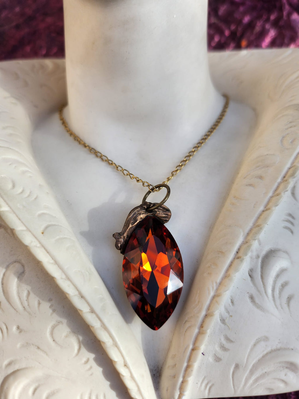 Mystic Baroque Collection – Handmade Bronze Pendant with Amber Crystal Marquise-Cut