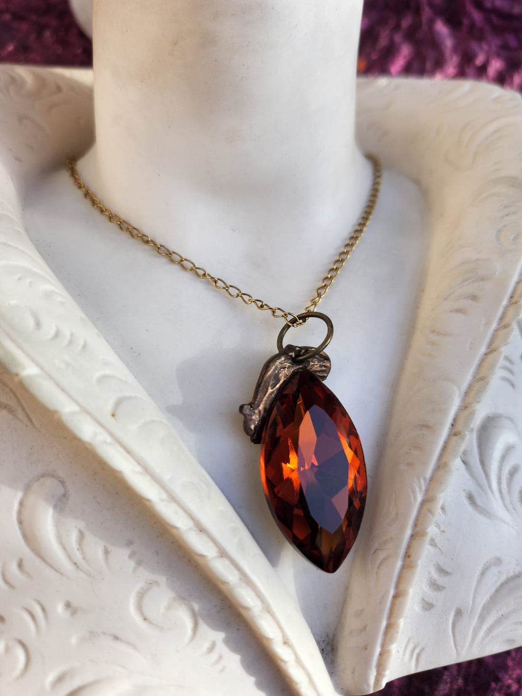 Mystic Baroque Collection – Handmade Bronze Pendant with Amber Crystal Marquise-Cut