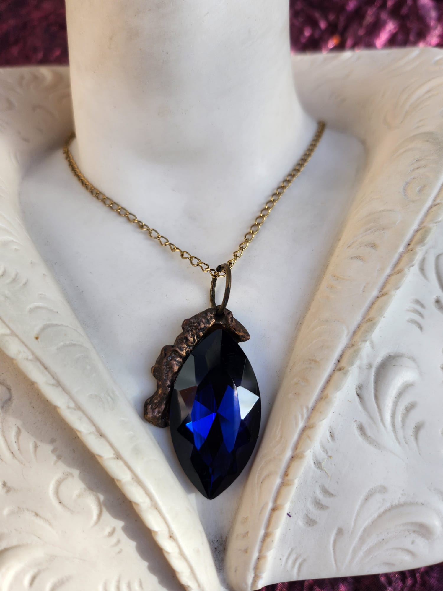 Mystic Baroque Collection – Handmade Bronze Pendant with Deep Blue Crystal Marquise-Cut
