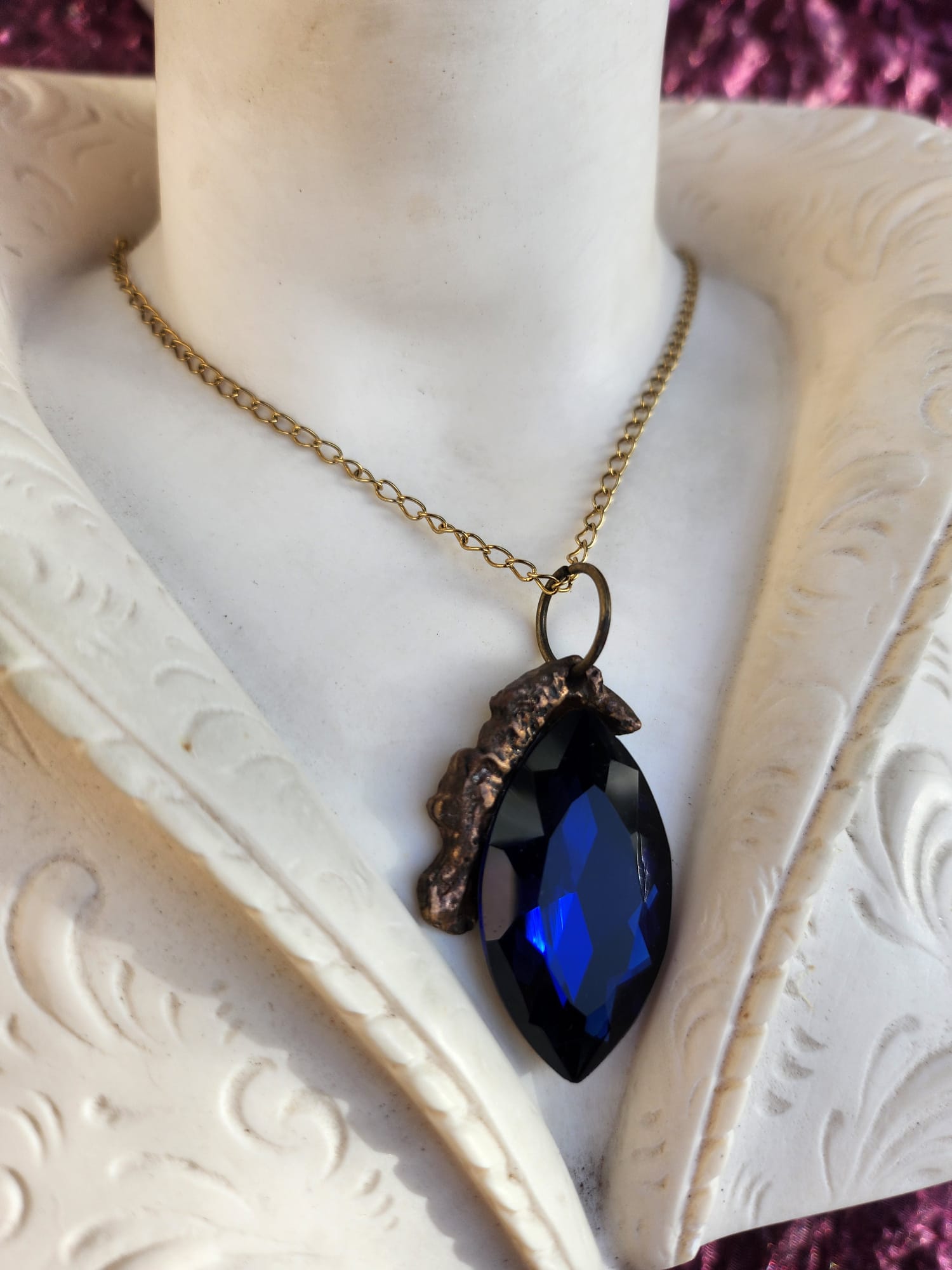 Mystic Baroque Collection – Handmade Bronze Pendant with Deep Blue Crystal Marquise-Cut