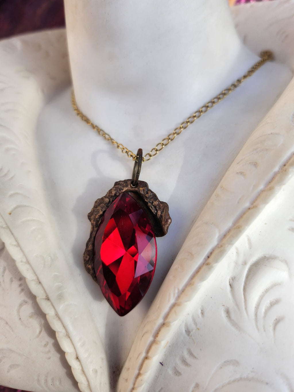 Mystic Baroque Collection – Handmade Bronze Pendant with Red Crystal Marquise-Cut