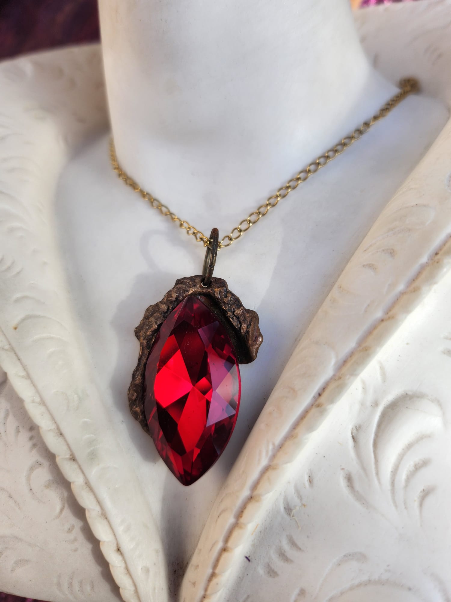 Mystic Baroque Collection – Handmade Bronze Pendant with Red Crystal Marquise-Cut