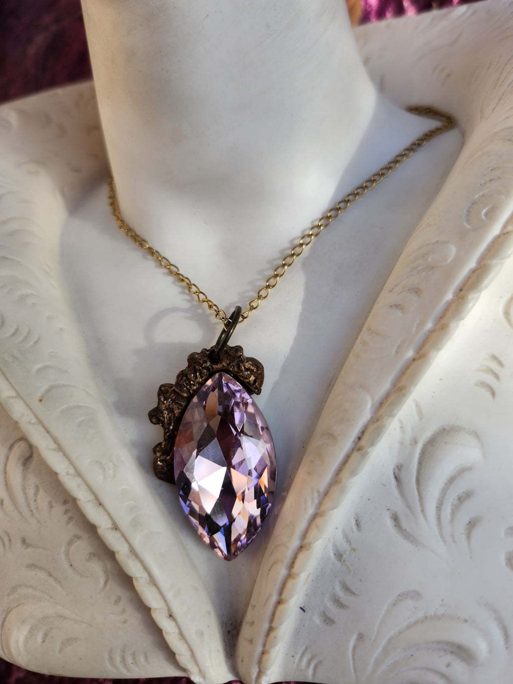Mystic Baroque Collection – Handmade Bronze Pendant with Light Pink Crystal Marquise-Cut