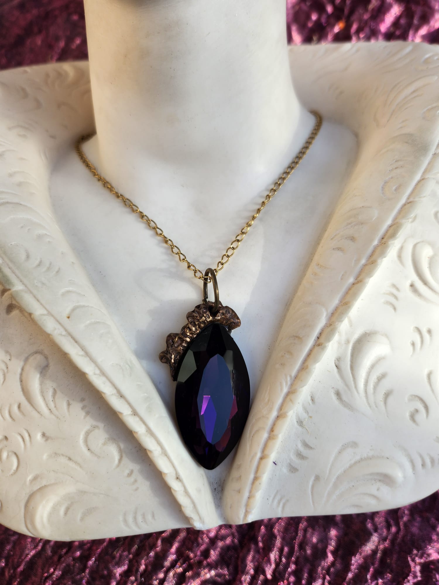 Mystic Baroque Collection – Handmade Bronze Pendant with Purple Crystal Marquise-Cut