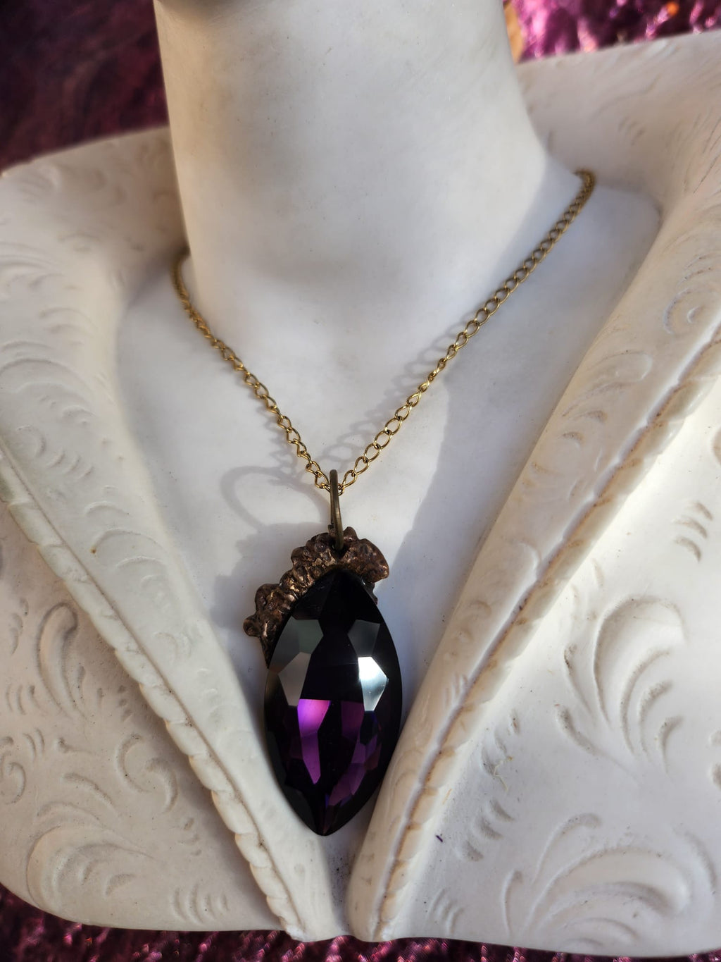 Mystic Baroque Collection – Handmade Bronze Pendant with Purple Crystal Marquise-Cut