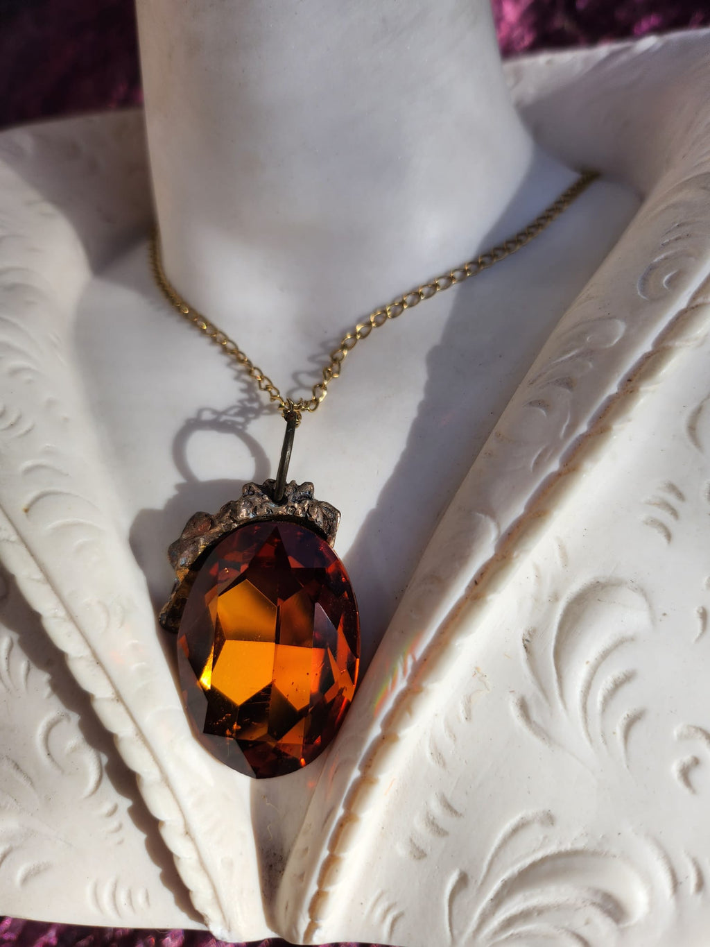 Mystic Baroque Collection – Handmade Bronze Pendant with Amber Oval Crystal