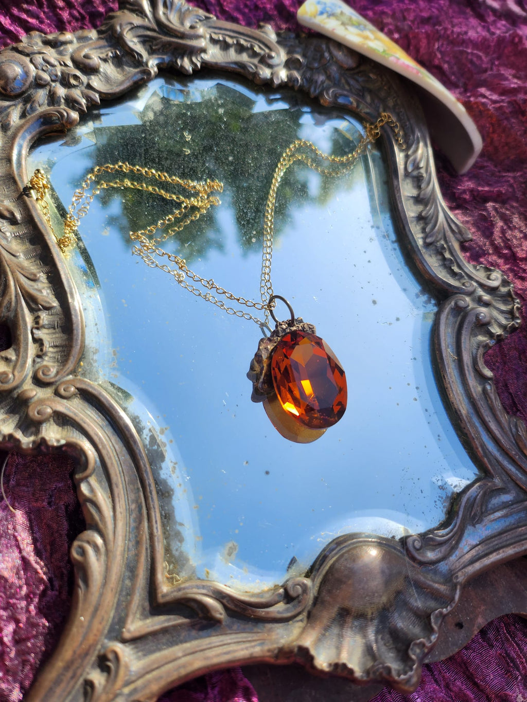 Mystic Baroque Collection – Handmade Bronze Pendant with Amber Oval Crystal