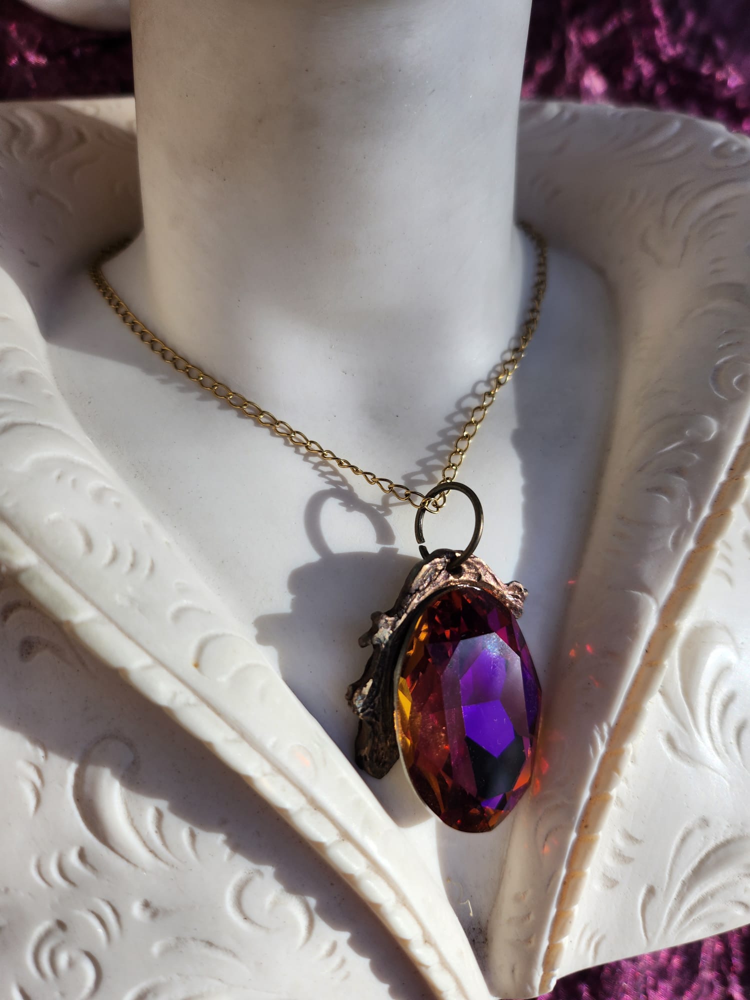 Mystic Baroque Collection – Handmade Bronze Pendant with Fuchsia Oval Crystal