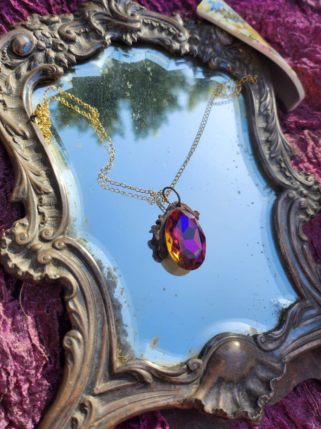 Mystic Baroque Collection – Handmade Bronze Pendant with Fuchsia Oval Crystal