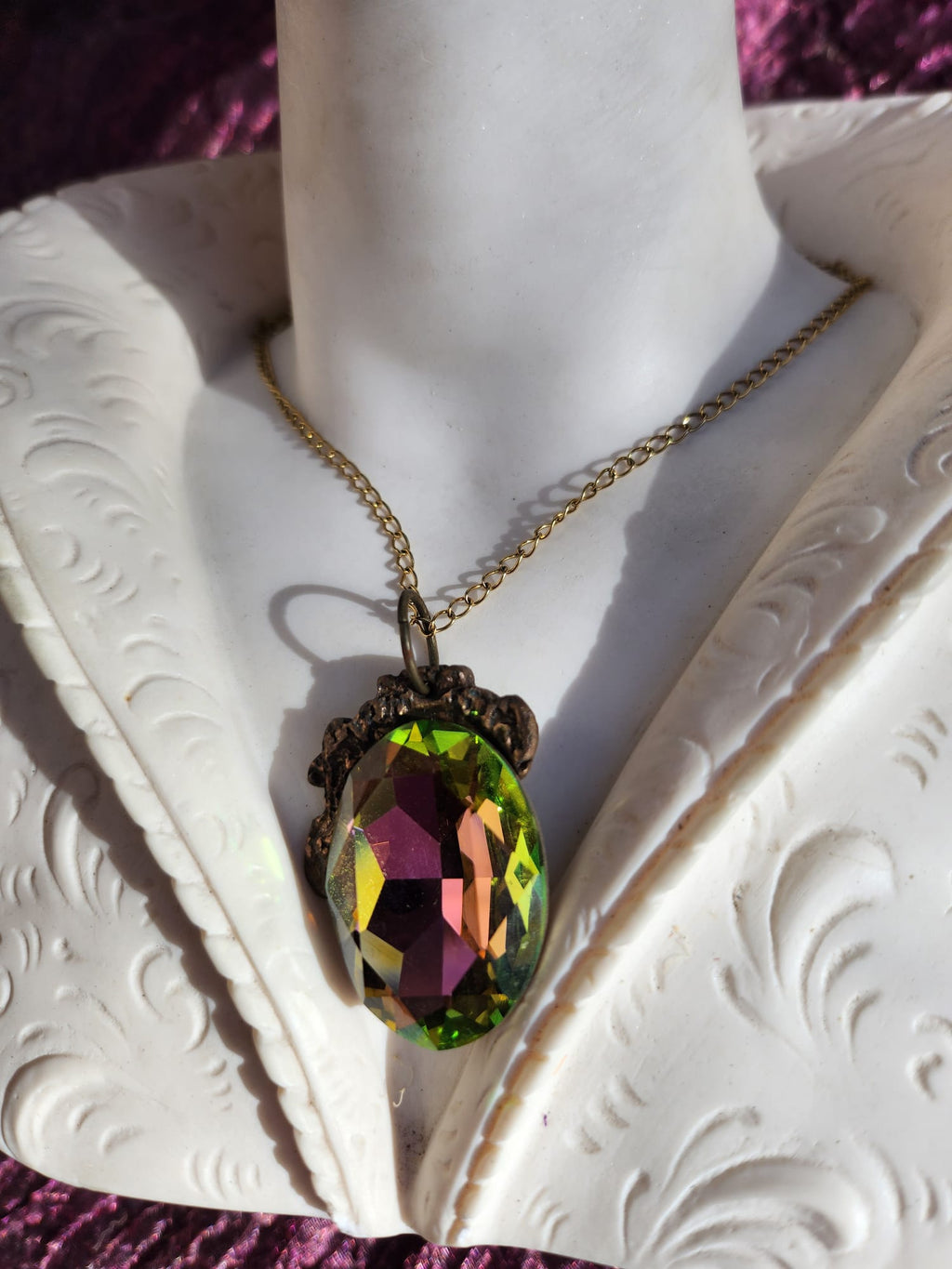 Mystic Baroque Collection – Handmade Bronze Pendant with Pink and Green Oval Crystal