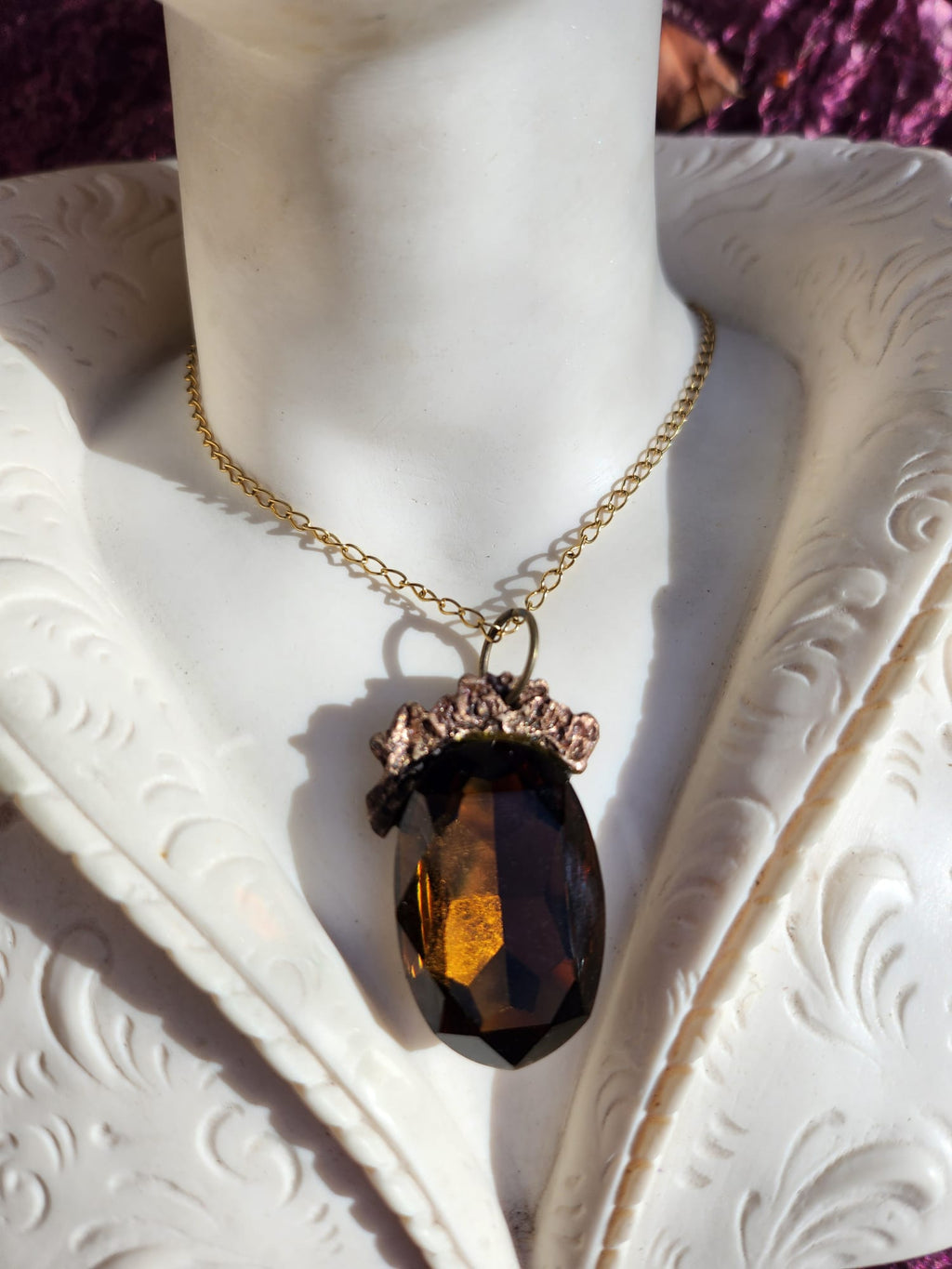 Mystic Baroque Collection – Handmade Bronze Pendant with Brown Oval Crystal