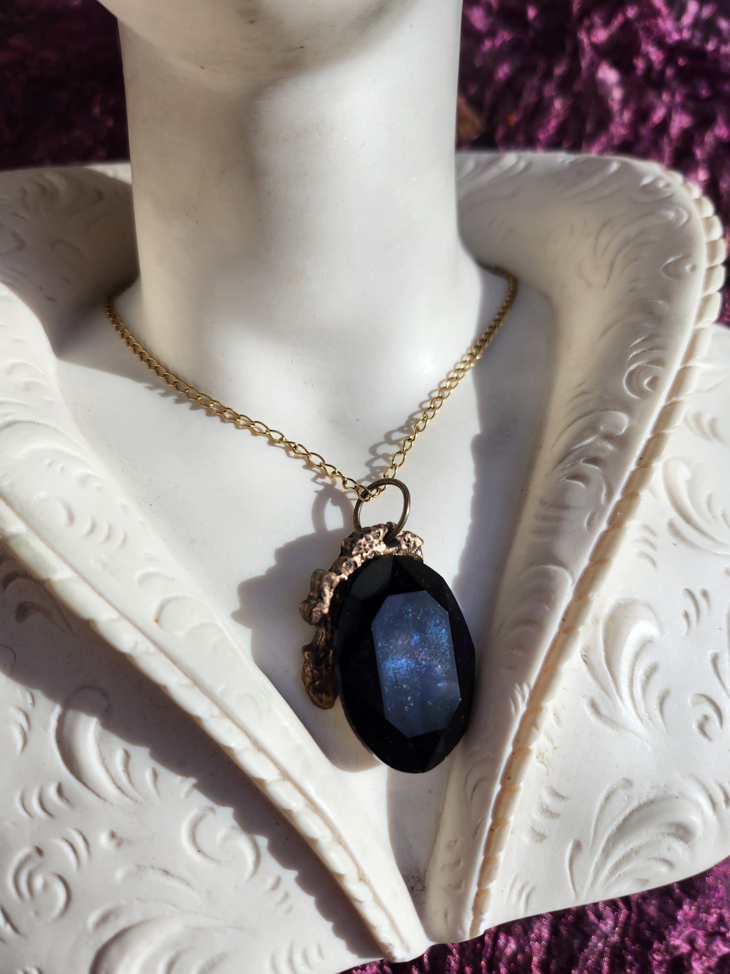 Mystic Baroque Collection – Handmade Bronze Pendant with Midnight Purple Oval Crystal