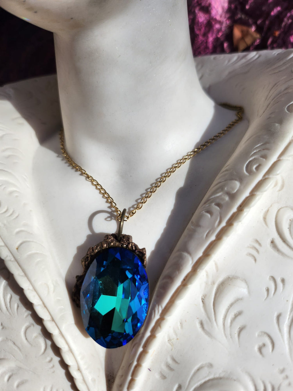 Mystic Baroque Collection – Handmade Bronze Pendant with Electric Blue Oval Crystal