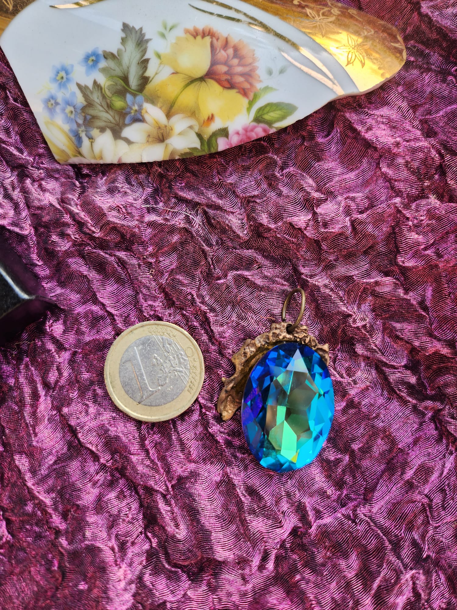 Mystic Baroque Collection – Handmade Bronze Pendant with Electric Blue Oval Crystal