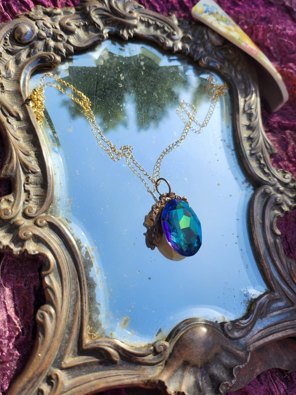 Mystic Baroque Collection – Handmade Bronze Pendant with Electric Blue Oval Crystal