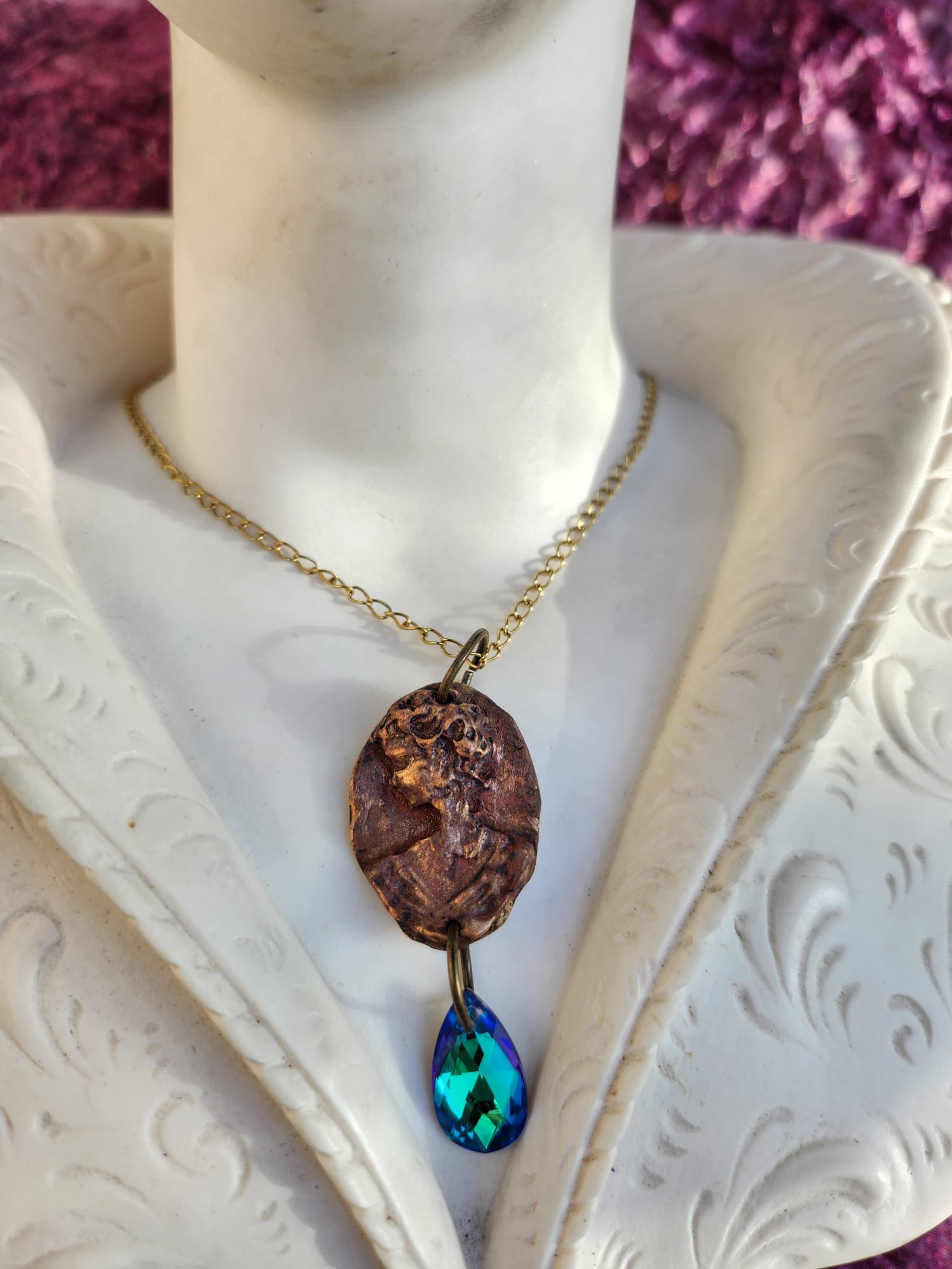 Handmade Roman Bronze Medallion with Ocean Blue Crystal