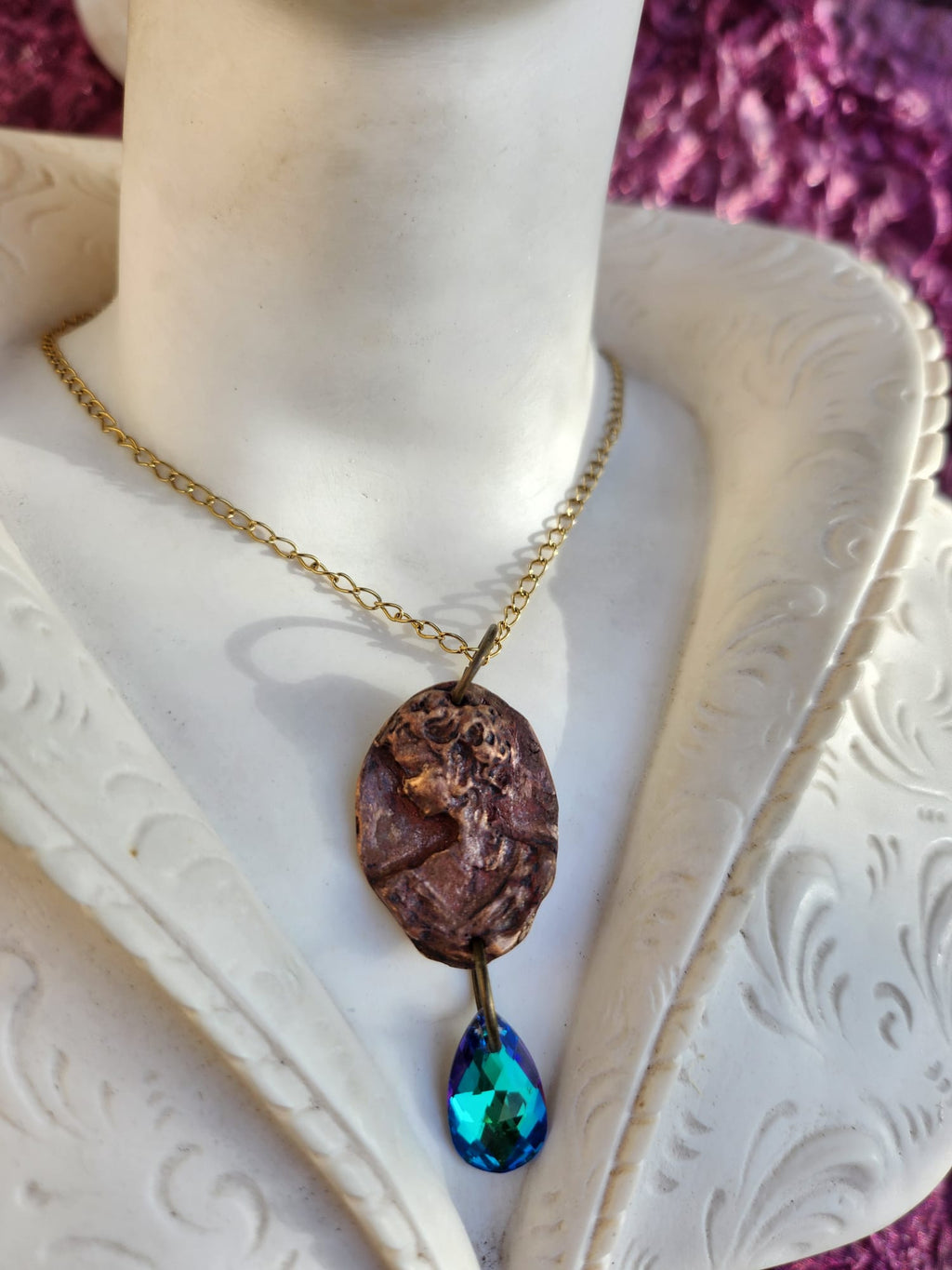 Handmade Roman Bronze Medallion with Ocean Blue Crystal