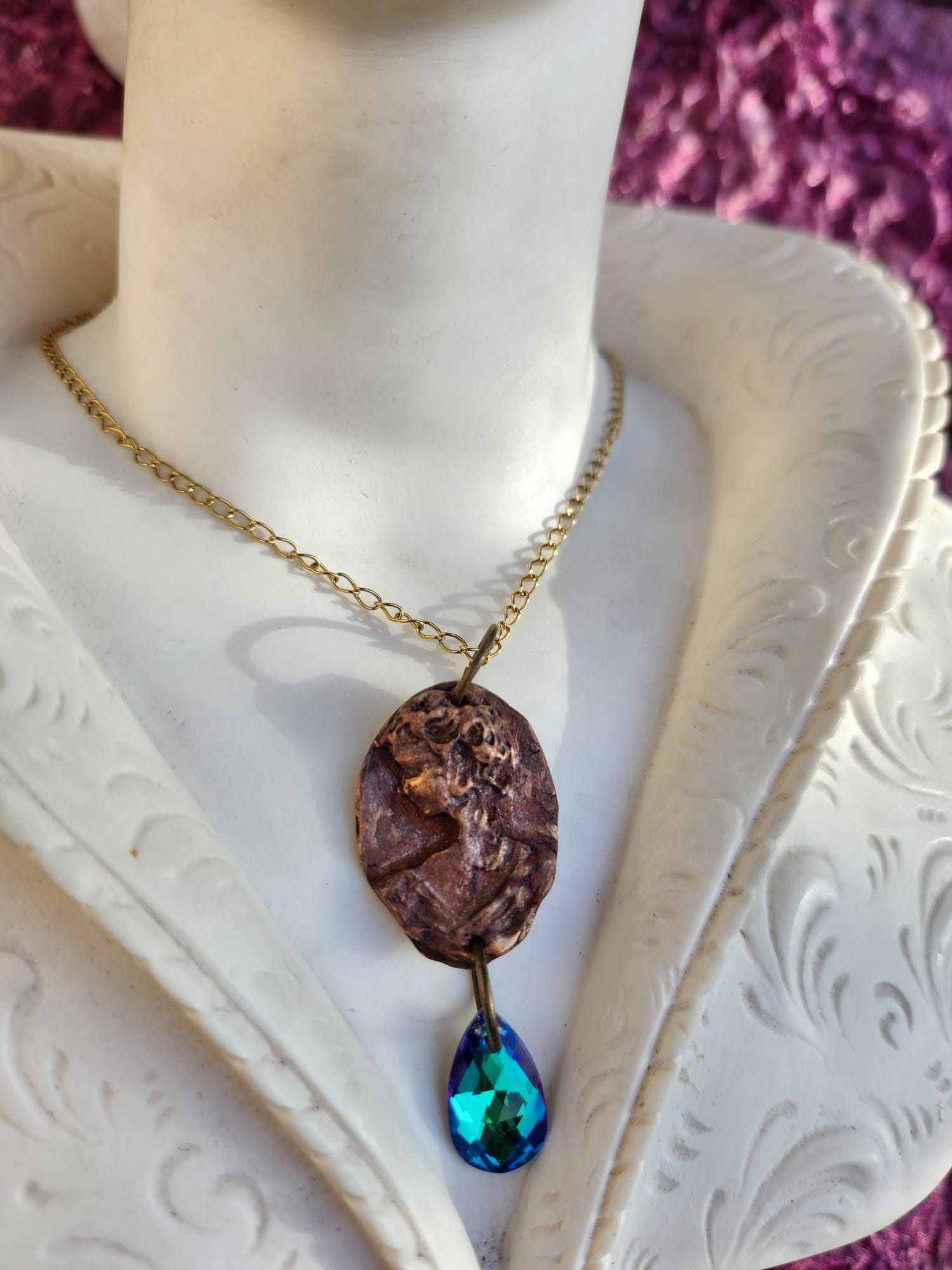 Handmade Roman Bronze Medallion with Ocean Blue Crystal