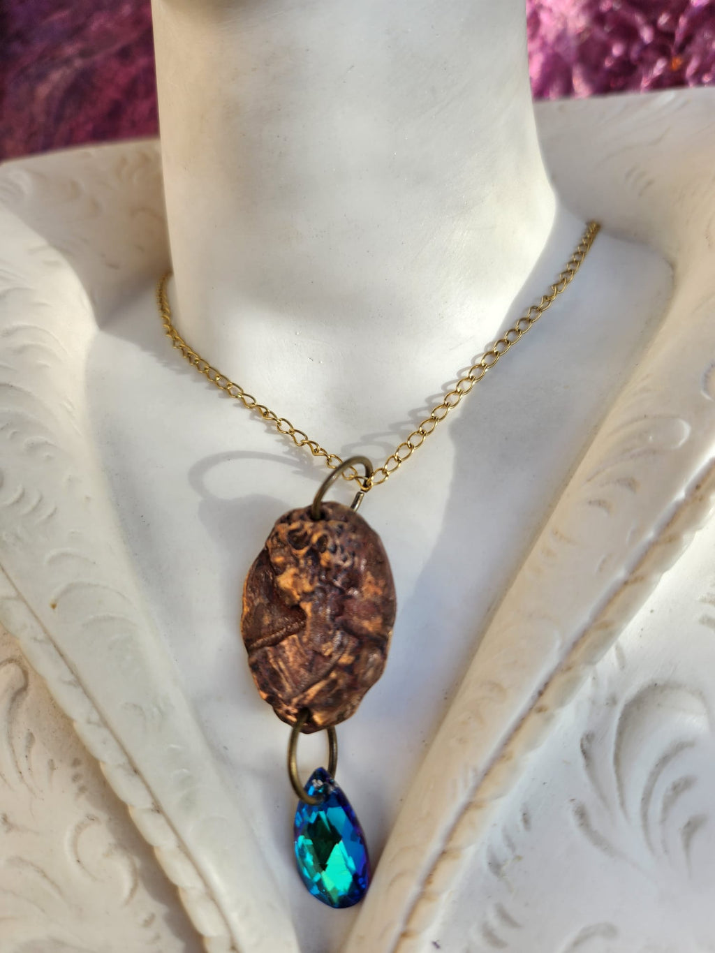 Handmade Roman Bronze Medallion with Ocean Blue Crystal