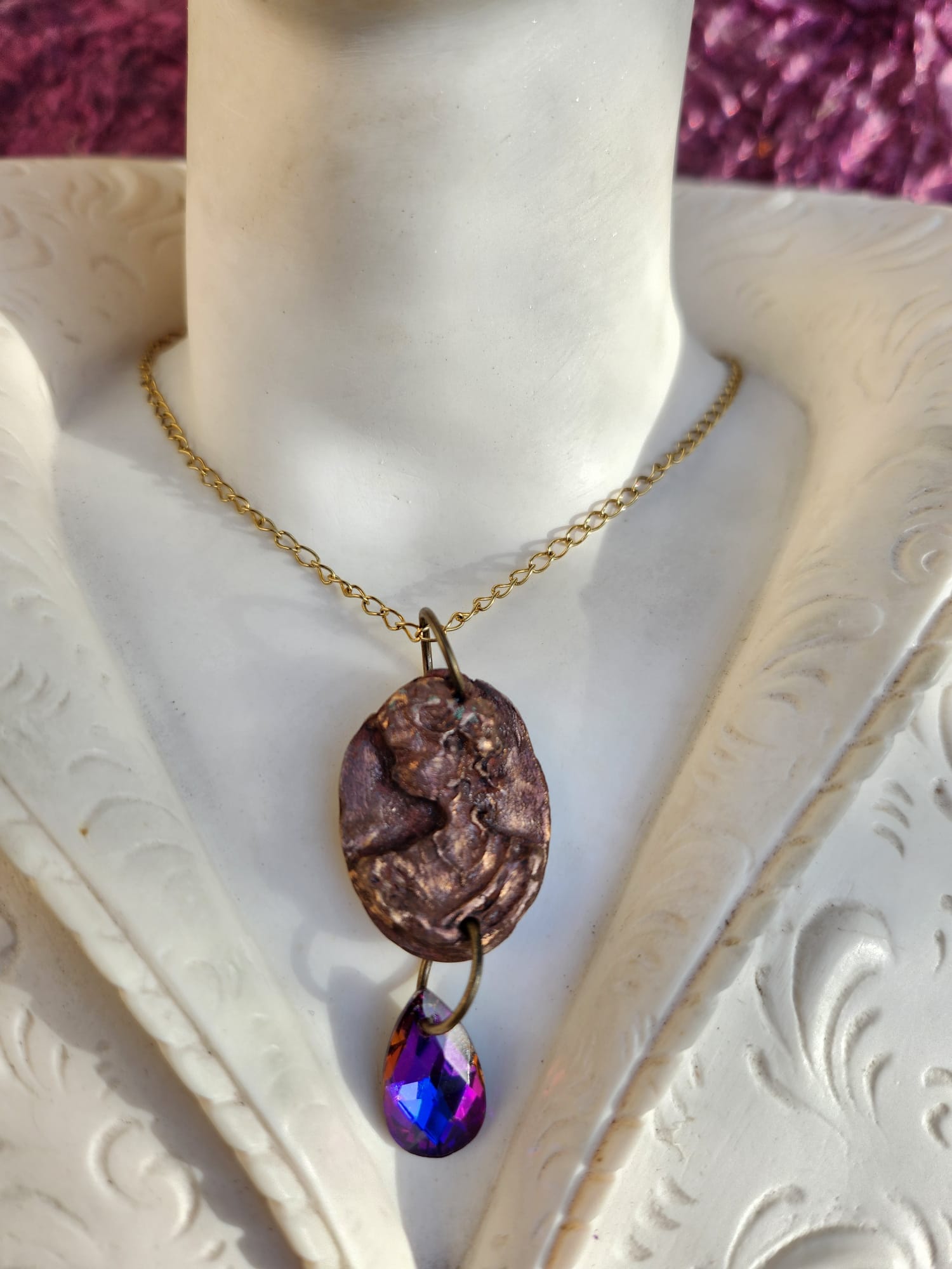 Handmade Roman Bronze Medallion with Fuchsia Crystal
