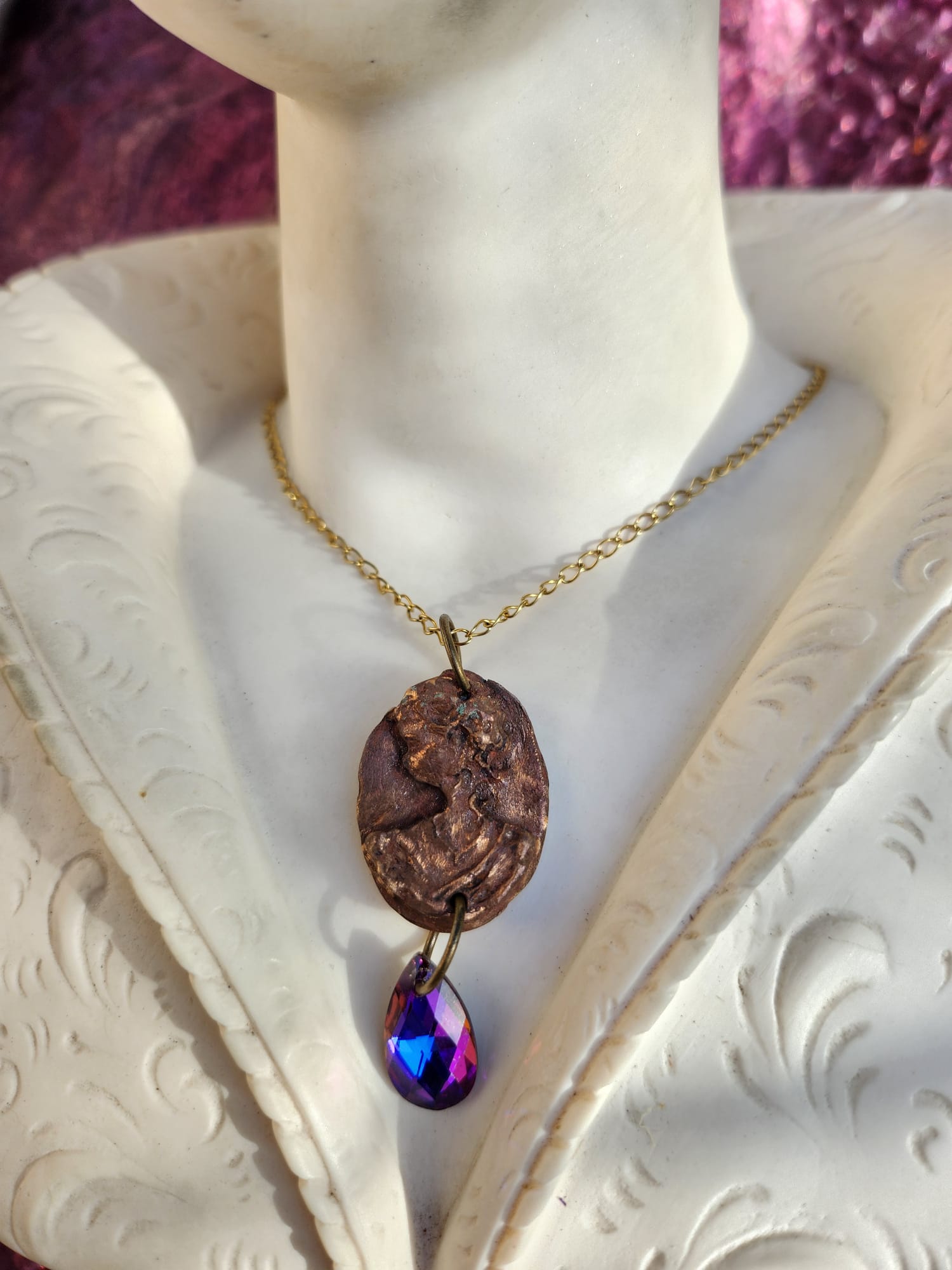 Handmade Roman Bronze Medallion with Fuchsia Crystal