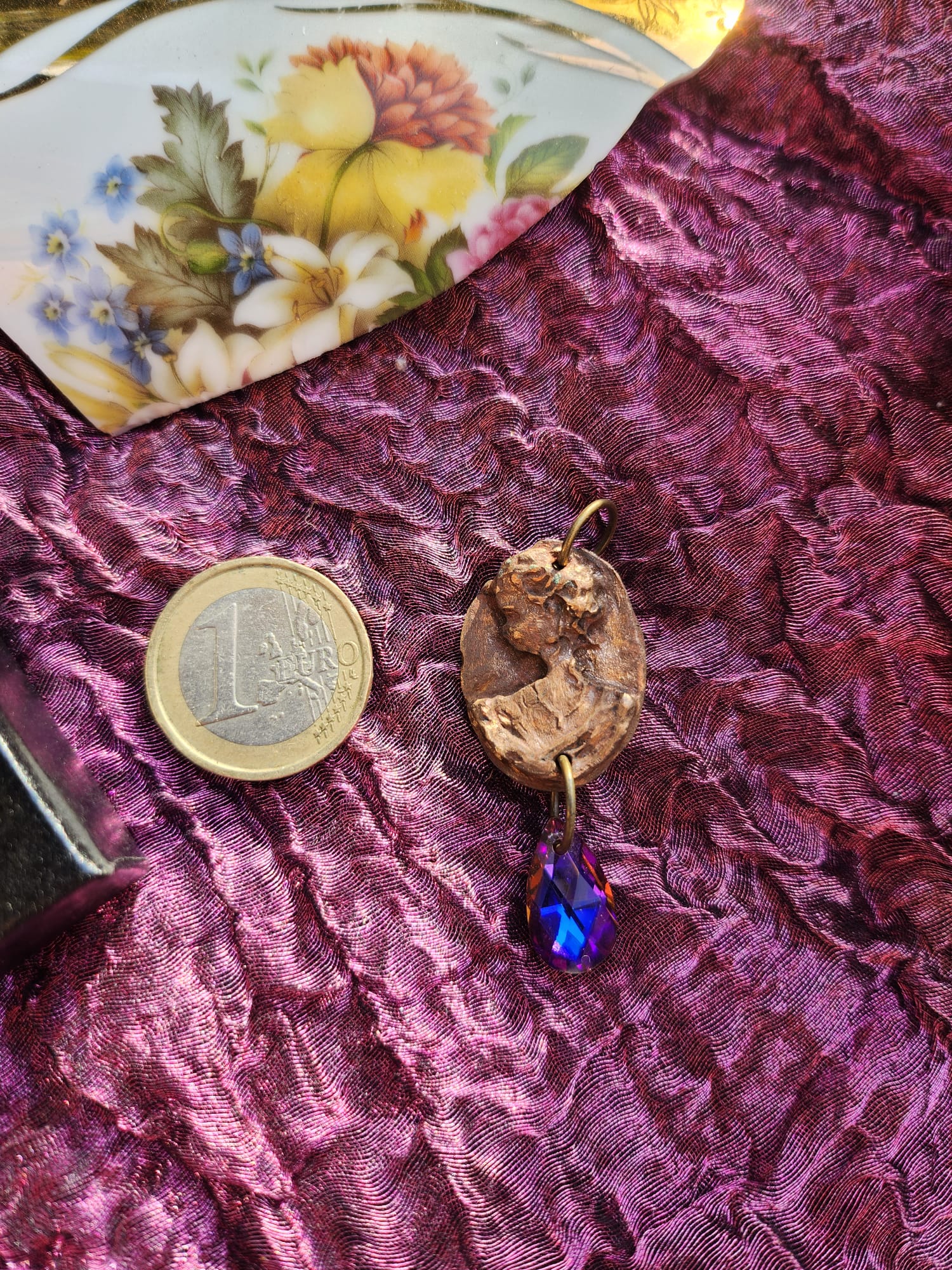 Handmade Roman Bronze Medallion with Fuchsia Crystal