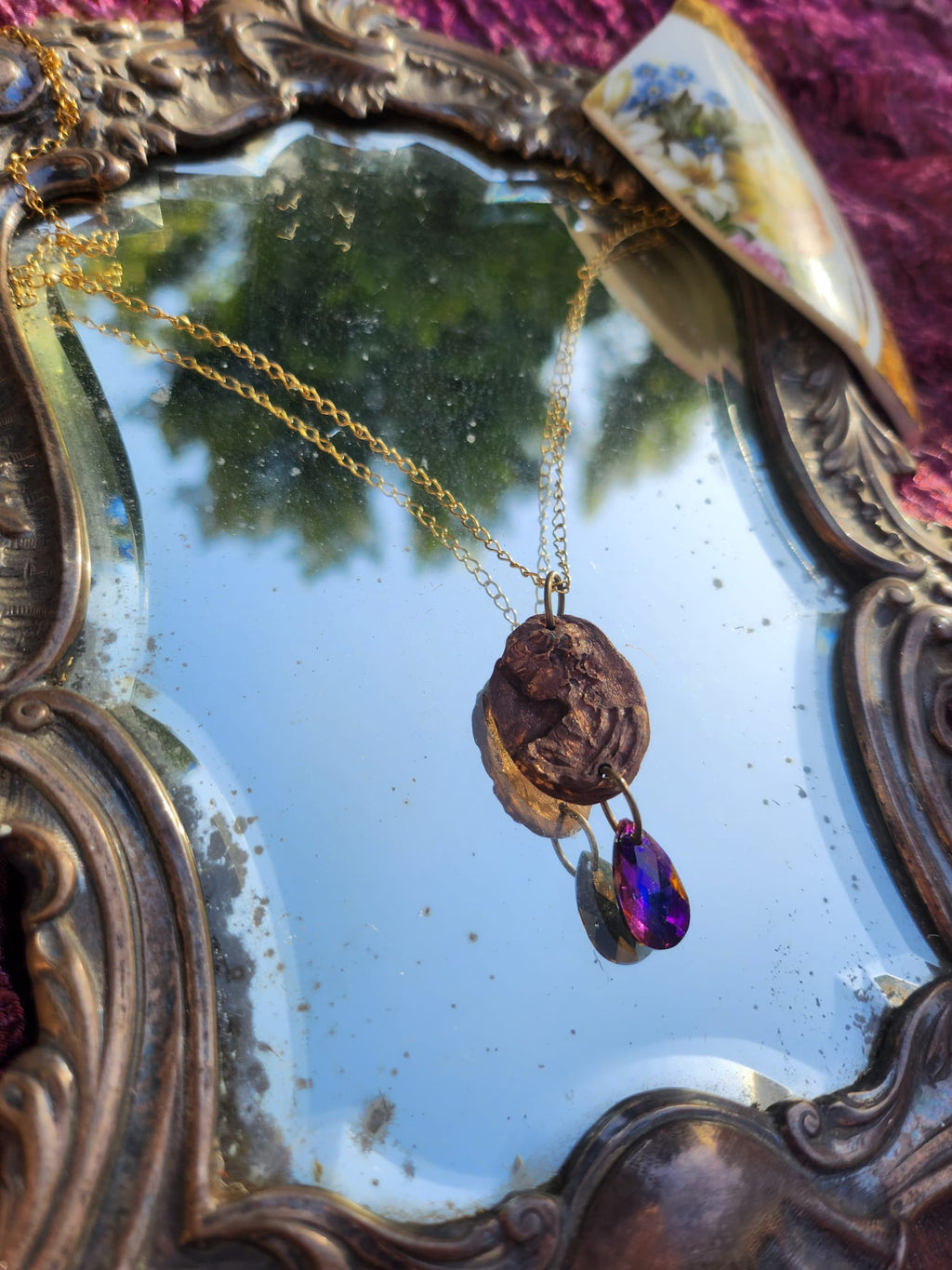 Handmade Roman Bronze Medallion with Fuchsia Crystal