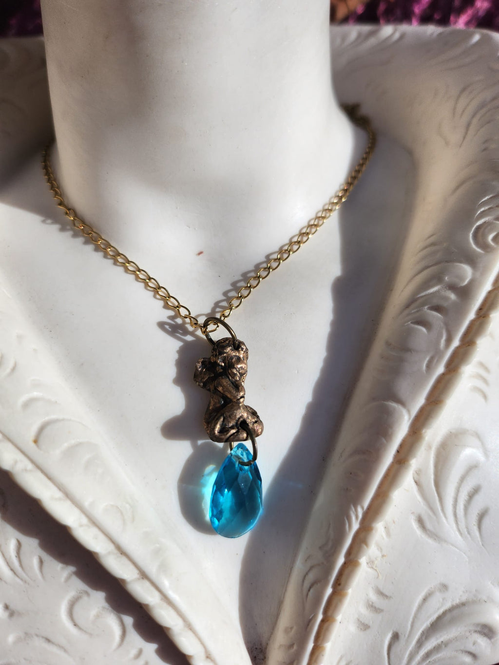 Echoes of Heaven Collection - Handmade Bronze Angel Pendant with Sky Blue Crystal
