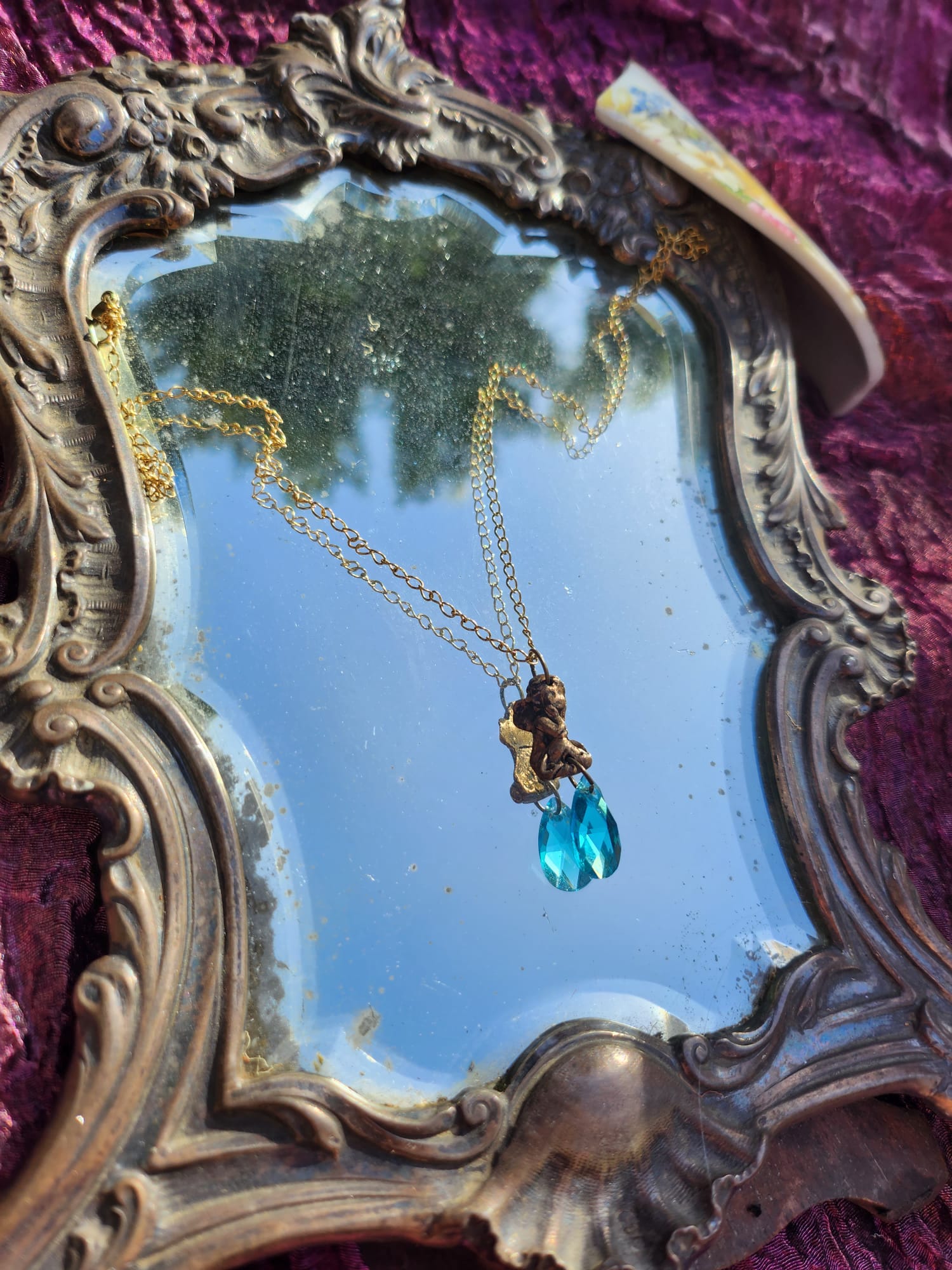 Echoes of Heaven Collection - Handmade Bronze Angel Pendant with Sky Blue Crystal