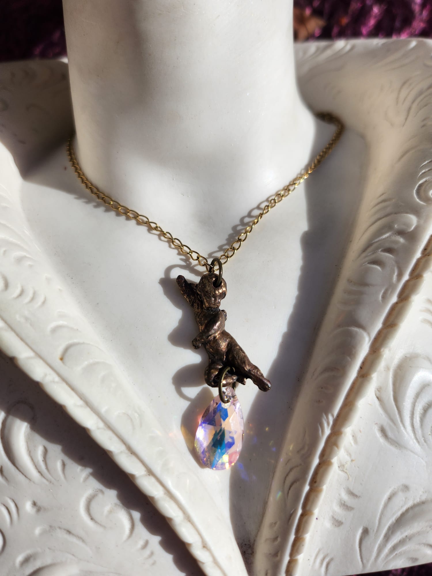 Echoes of Heaven Collection - Handmade Bronze Angel Pendant with Aurora Crystal